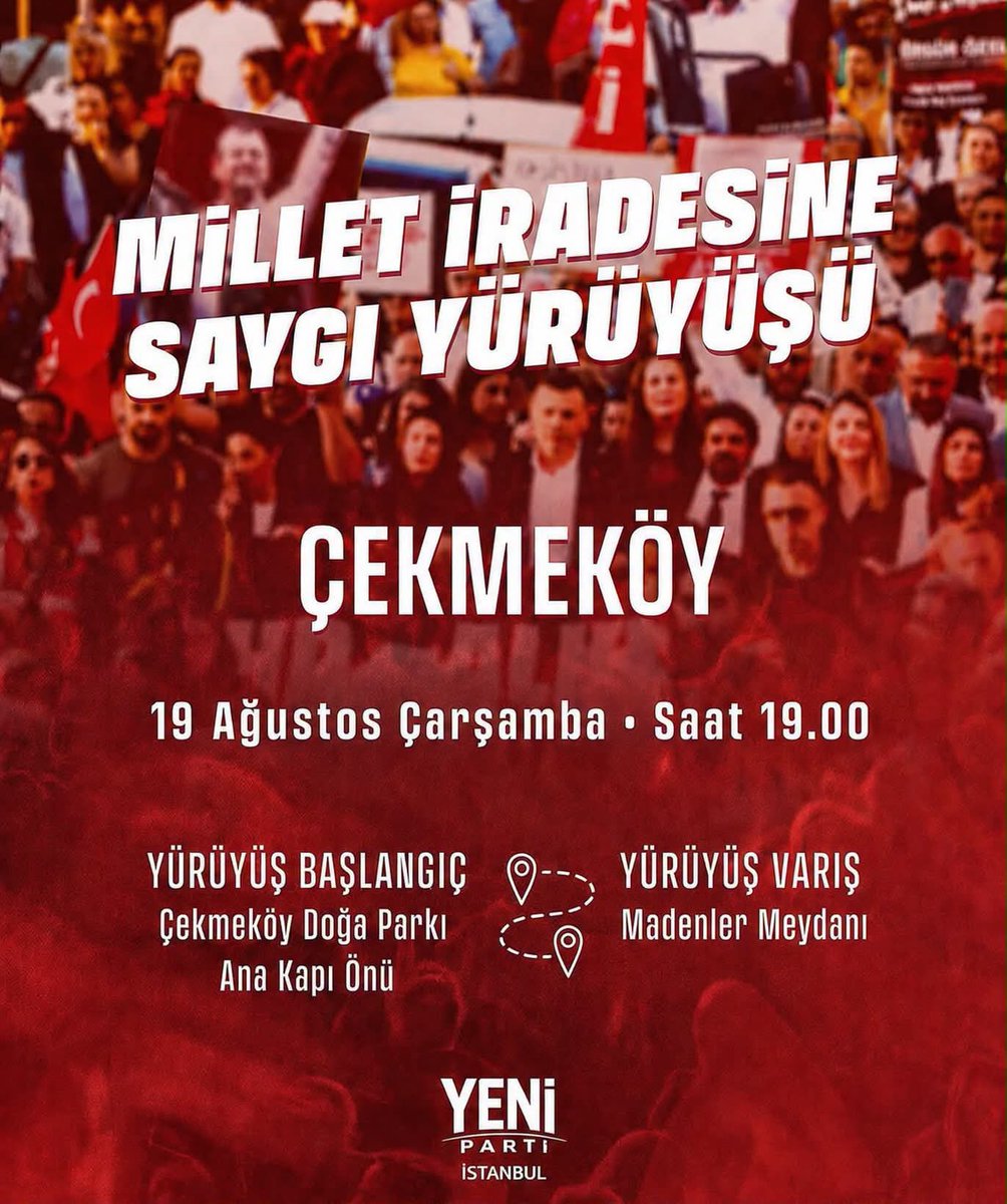 YeniPartikartl's tweet photo. Millet iradesine saygı yürüyüşünde buluşuyor, Çekmeköy halkının sandıkta verdiği karara sahip çıkmak üzere yürüyoruz.

🗓️ 19 Ağustos Çarşamba
⏰ 19.00
📍 Çekmeköy Doğa Parkı Ana Kapı önü 
#yenipartikartal https://t.co/DM2xMTQt2D