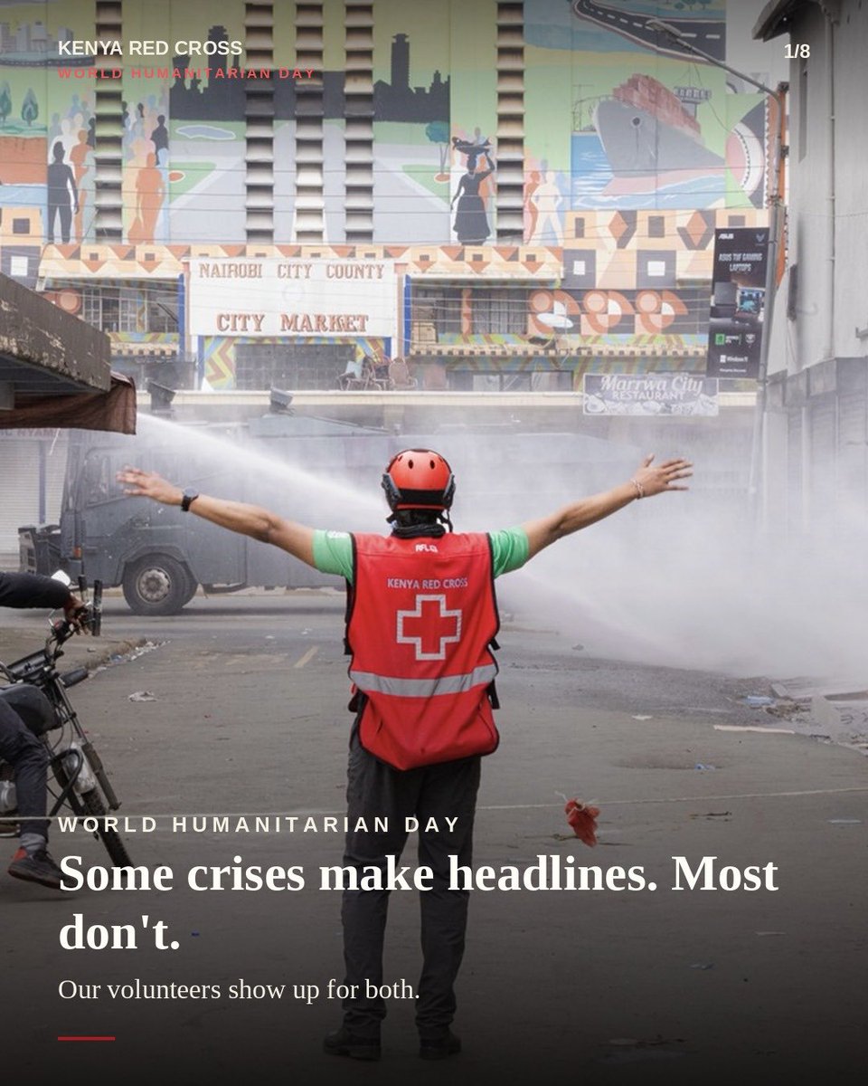 KenyaRedCross's tweet photo. It’s World Humanitarian Day.

Some crises make headlines. Most don’t.

Our volunteers show up for both, the emergencies that make the news and the many more that don’t.

In drought and flood, fire and road crashes. Not for a year. For decades.

Today, we honour every volunteer who has ever chosen to show up. And the ones still answering the call.
#WorldHumanitarianDay