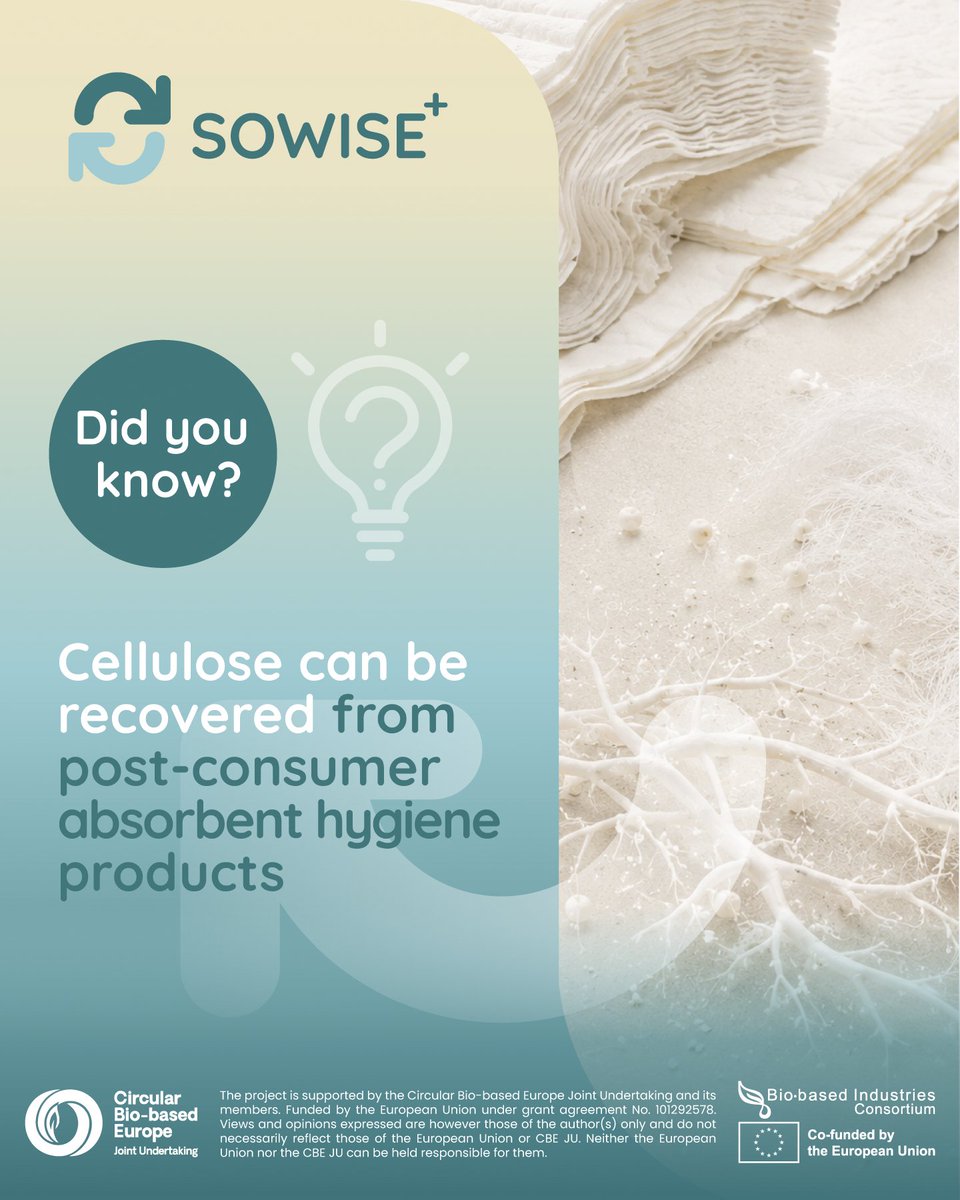 sowiseplus's tweet photo. 𝗗𝗶𝗱 𝘆𝗼𝘂 𝗸𝗻𝗼𝘄 that cellulose can be recovered from post-consumer absorbent hygiene products?

SOWISE+ combines two waste valorisation pathways: urban biowaste conversion and cellulose recovery from absorbent hygiene products, also known as AHPs
🌐 https://t.co/ZcmOYVXzDw https://t.co/6sq99rkzdT