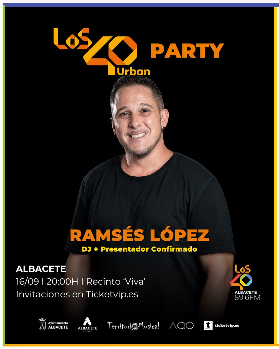 LOS40CLM's tweet photo. 🚨 ¡Confirmado! @RamsesLopezFM será el DJ y presentador de la #LOS40UrbanParty en la Feria de Albacete. 🔥🎧

🎤 Con @AissaAslani , @MarLucasVilar1 , dboss, @BeautyPikete y @chemarivas__ .

🎟️ Invitaciones GRATIS en https://t.co/UVvdWec9ls

#LOS40Urban https://t.co/beIAJSOqyA