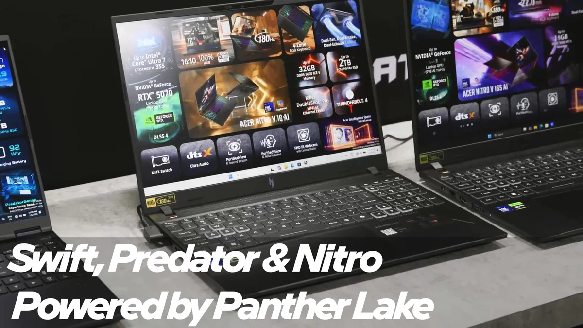 Acer laptop on a table between two others, partially shown. Caption reads \"Swift, Predator & Nitro Powered by Panther Lake\"