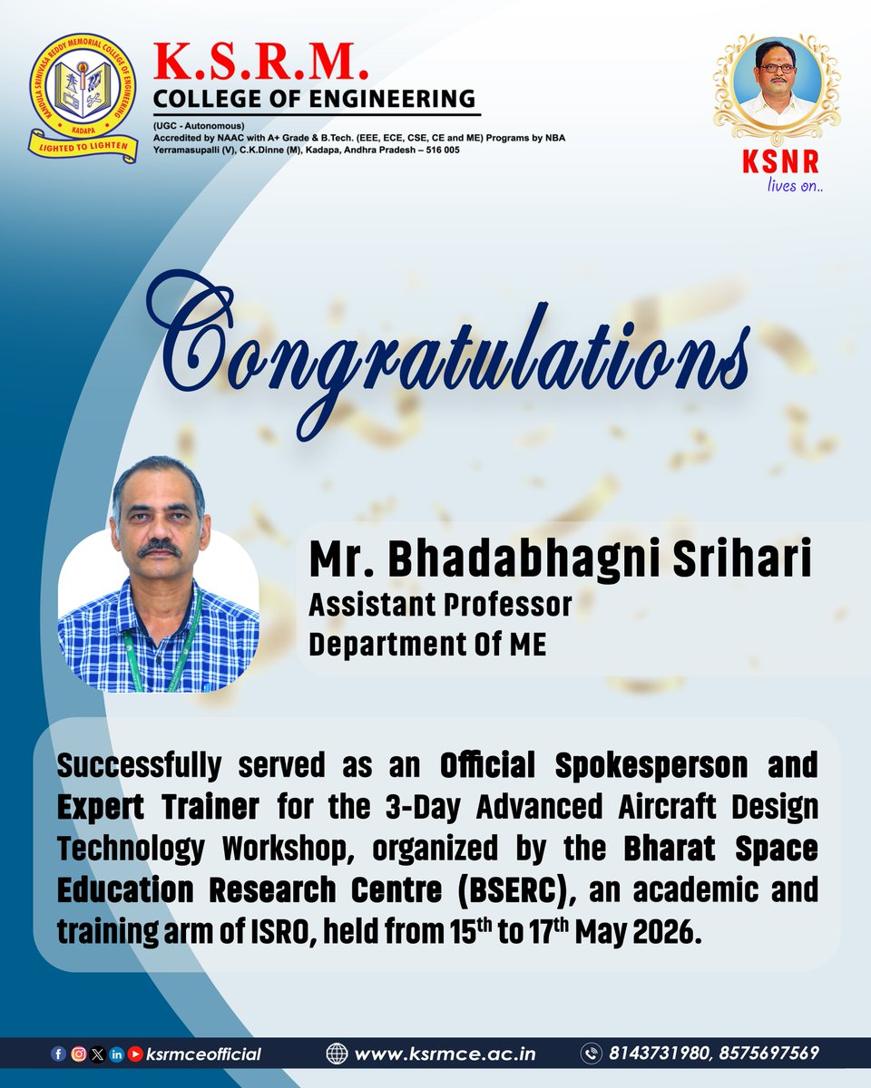 ksrmceofficial's tweet photo. Congratulations !!
#KSRMCE #BSERC #ME #Congratulations #spokesperson #experttrainer #advancedaircraft #designtechnology #workshop #ISRO https://t.co/hyKQinh9iF