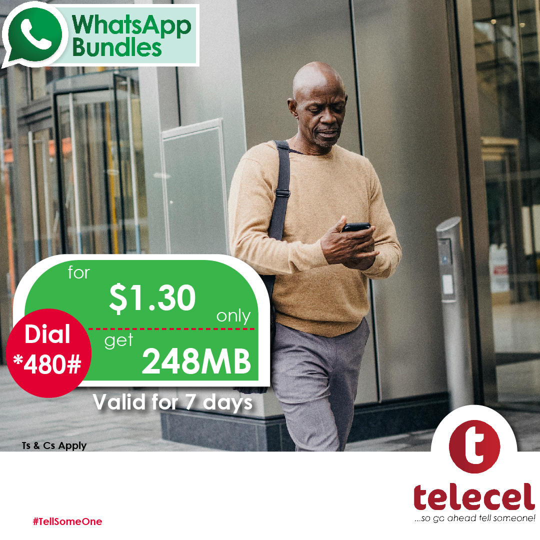 Telecel_Zim's tweet photo. Every message counts. Keep your conversations alive with a Telecel WhatsApp Bundle. Dial *480# today! Ts &amp; Cs Apply.
#WhatsappBundle
#StayConnected
#TellSomeOne https://t.co/wRtU7D19sU