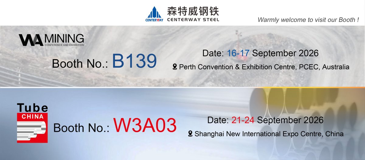 FinegoSteel's tweet photo. 🌏 Perth ➡️ Shanghai
Meet Centerway Steel at two major exhibitions this September!

🇦🇺 WA Mining 2026
📅 Sep 16–17 | Booth B139
🇨🇳 Tube China 2026
📅 Sep 21–24 | Booth W3A03
Steel pipes, pipe fittings &amp; valves for global projects.
#CenterwaySteel #FinegoSteel #WAMining #TubeChina https://t.co/qhXzmL0F0b