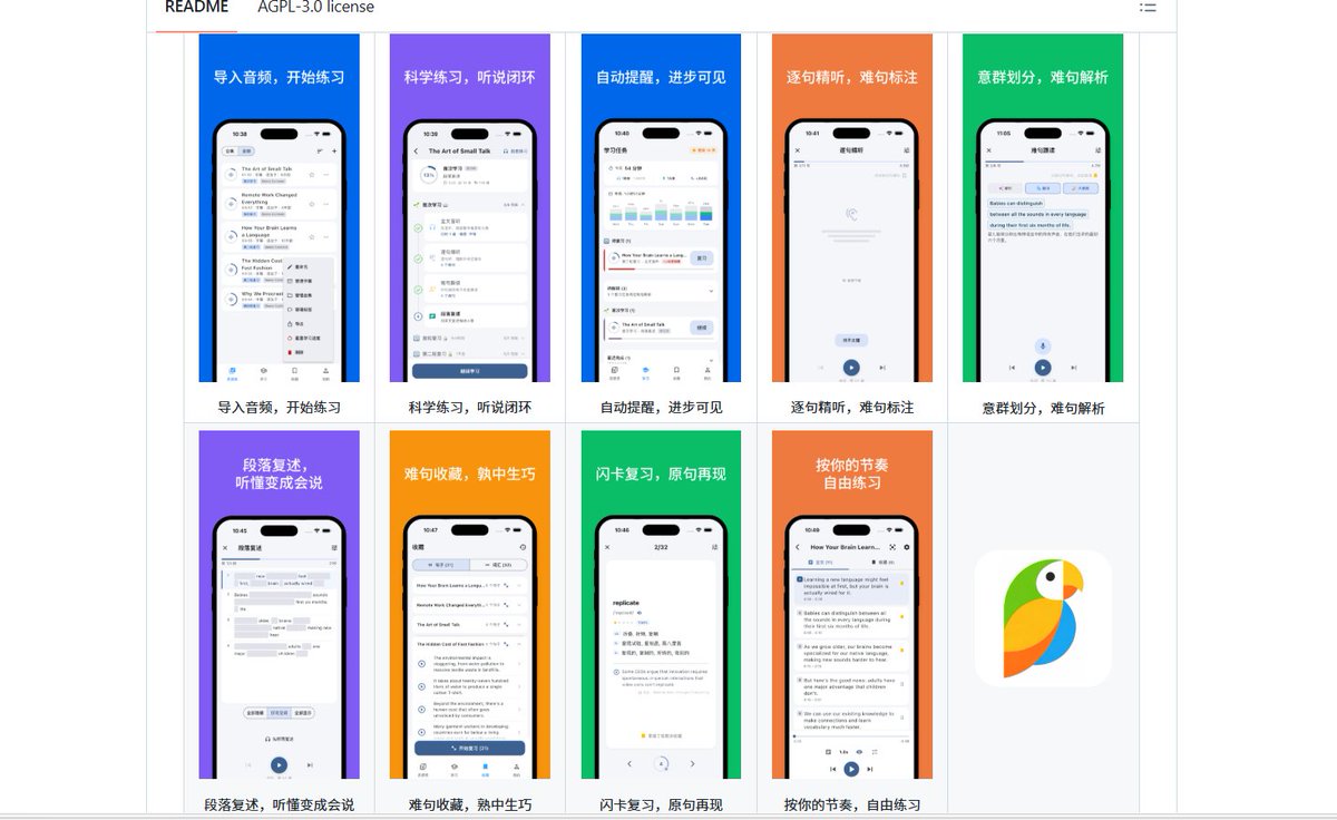 kun66666677's tweet photo. 学英语这些年，我发现一个很反常识的事实：
大部分人不是学得不够多，而是同一段内容练得不够深

今天听播客，明天刷TED，后天收藏YouTube频道，材料越攒越多，真正能复述出来的却没几句

GitHub 上的开源项目 Echo Loop，专门解决这个问题

它不追求“给你更多资料”，而是把盲听、精听、跟读、复述和间隔复习，串成一个完整训练闭环——让你把一段英语音频从听过，练到 听懂、会说、记得住

最有价值的一点是：它把原本需要自己规划的学习流程，全部自动化了。

你只需要专注练习，节奏、复习、难句重练，都由系统推着走

GitHub：https://t.co/QOzvGLR7Wh