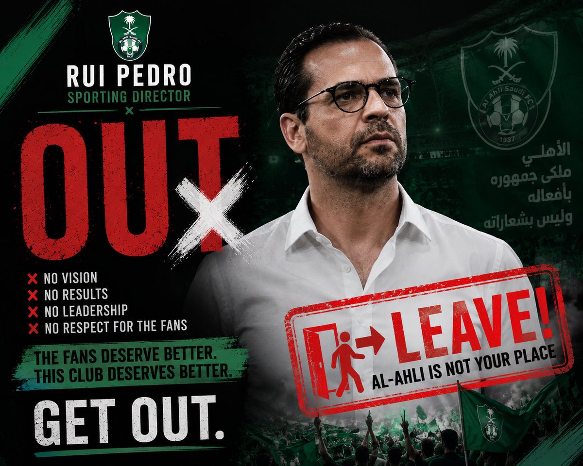 nasllgh's tweet photo. #SackRuiPedro 

His recruitment has been a joke, his decisions have damaged the club, and the people who gave him this power are just as guilty. SACK HIM. REMOVE HIS ENABLERS. INVESTIGATE EVERY DEAL. AL AHLI IS NOT YOUR PERSONAL MARKETPLACE. https://t.co/7IYoVqKtiV