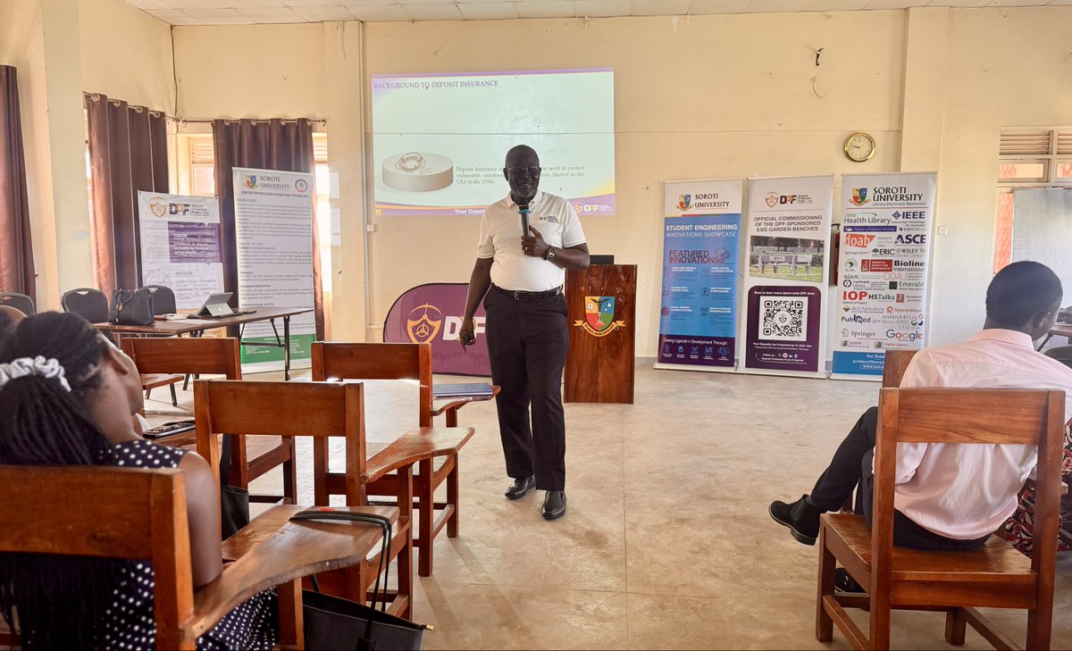 DPFUganda's tweet photo. We are at Soroti University (@SorotiUniversi1) this morning, to commission garden benches that were constructed at the University, with support from the DPF. Additionally, we are engaging with students, discussing matters of deposit protection and financial literacy. 
#Yourdepositsareprotected up to UGX 10m.