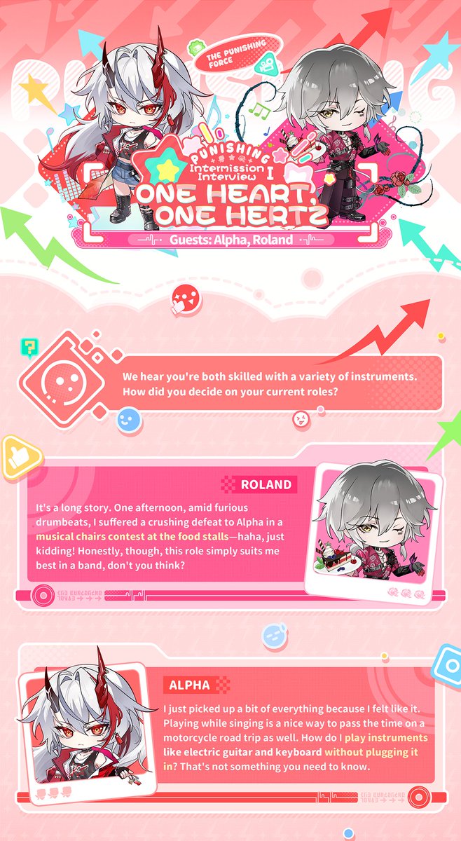 PGR_GLOBAL's tweet photo. ★One Heart, One Hertz | Intermission Interview ①★

Reporting in, Commandant—we have successfully infiltrated backstage... wait, what?! Looks like I've been spotted (ﾟдﾟ);

Hold on, I've got a plan! Since it's come to this, you two will be my interviewees today—Alpha and Roland!
*Note: This content is for entertainment purposes only. Please refer to the main in-game story and the official concert performance for the definitive content.

——————————————
🎸 The Punishing: Gray Raven "One Heart, One Hertz" Global Online Concert will start on AUG 22 at 11:00 (UTC)! Don't miss out, Commandants!
YouTube: https://t.co/N08NKN73ho