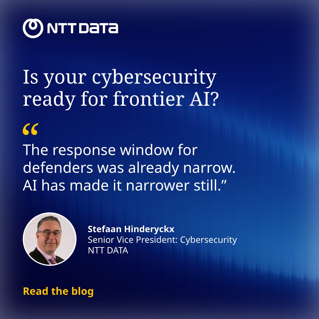 nttdata_inc's tweet photo. Frontier AI is accelerating both attack and defense. 🔐 

As response windows shrink, #Cybersecurity success depends on governance, automation and resilient operating models. 

Read more from NTT DATA :https://t.co/SMXRMU6dmB https://t.co/lCTLS5vlNh