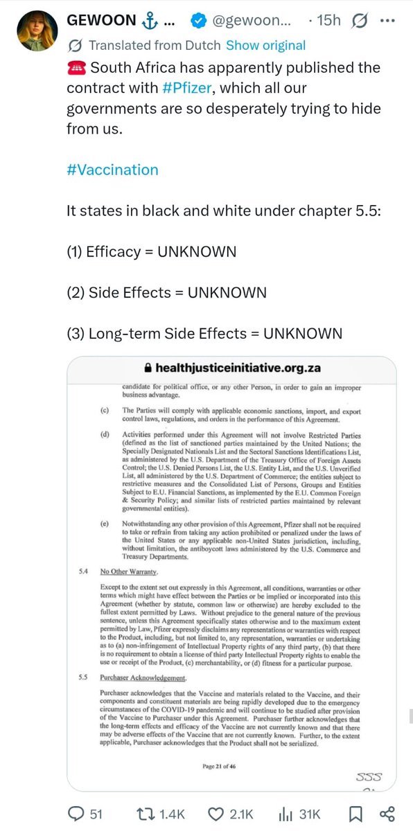 ginnydmm's tweet photo. 🚨- South Africa has apparently published the contract with #Pfizer, which all our governments are so desperately trying to hide from the public

It states in black and white under chapter 5.5:

(1) Efficacy = UNKNOWN

(2) Side Effects = UNKNOWN

(3) Long-term Side Effects = UNKNOWN

🚨- Pfizer was not unclear about it in its information to UK doctors