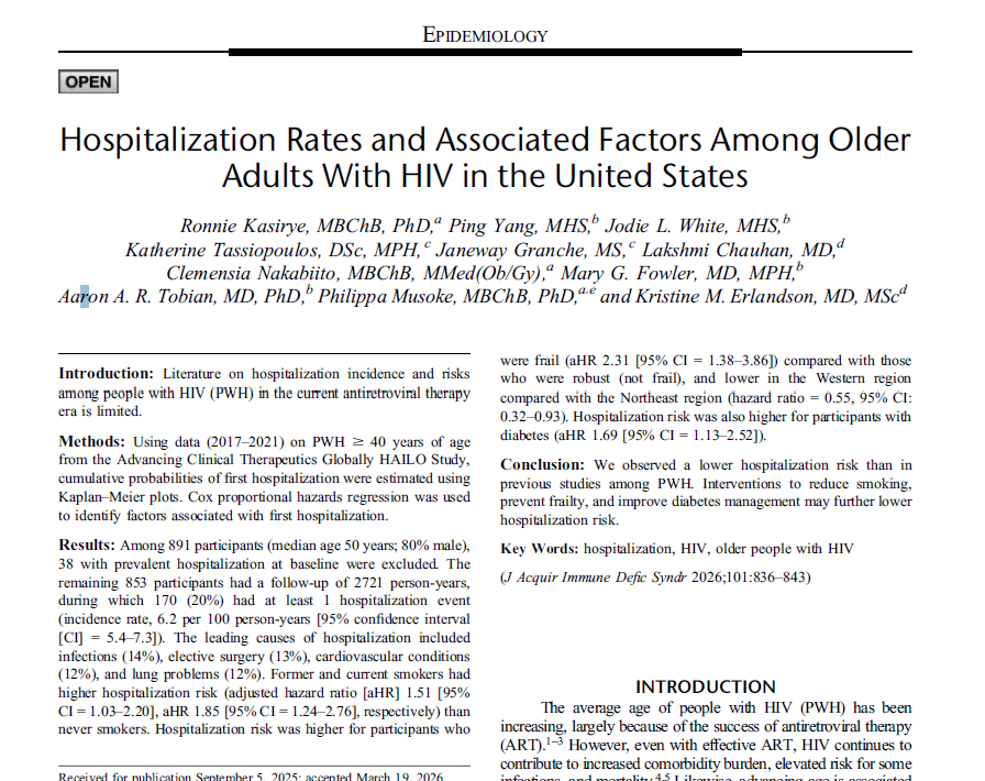 mujhu_care_ltd's tweet photo. Publication | HIV and Aging
As ARV treatment helps people living with HIV live longer, research on the health challenges of older adults with HIV remains limited.

This article highlights how smoking, diabetes, and frailty may increase hospitalization risk emphasizing the need for care that addresses both HIV and aging.

Read the article: https://t.co/SczRzz3H8Q

Congratulations to Dr. Ronnie Kasirye and colleagues on this important contribution to HIV research and healthy aging!

#DidYouKnow #HIVResearch #AgingWithHIV #PublicHealth