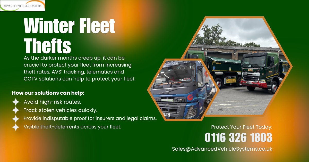 AdvanceVehicles's tweet photo. Winter may feel far away, but it’s never too soon to protect your fleet from theft.
0116 326 1803
Sales@advancedvehiclesystems.co.uk
#fleetsecurity #fleetcctv #fleettracking #fleettelematics #vehiclecamera #vehiclesecurity #fleetprotection #prepareyourfleet #winterfleets https://t.co/EqJZUOqTtq