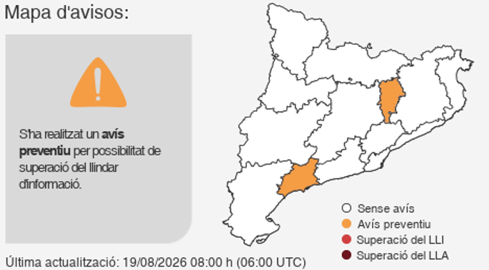 transicioeco's tweet photo. ⚠️ AVÍS PREVENTIU #ozóCAT 

Es preveu que els nivells d’ozó siguin elevats a les zones de qualitat de l'aire de la Plana de Vic i del Camp de Tarragona. A la resta, els nivells seran regulars. 

Més ℹ️ de la #QualitatAire 👉 https://t.co/N0Us4oPHUK https://t.co/GePJJ9ZYyD