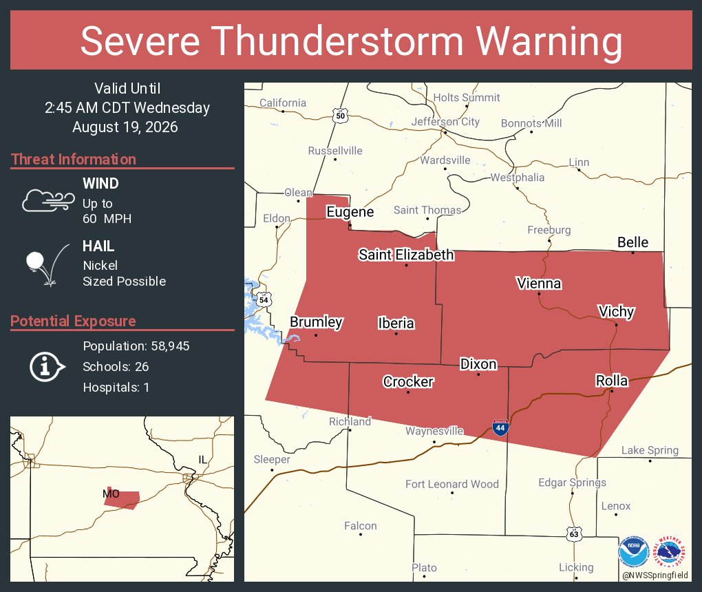 NWSSpringfield's tweet photo. Severe Thunderstorm Warning including Rolla MO, Dixon MO and  Belle MO until 2:45 AM CDT https://t.co/T4narS1W6Y
