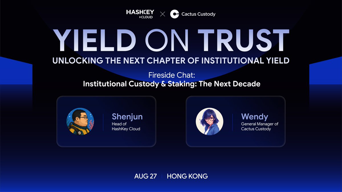 HashKeyCloud's tweet photo. 🔔 Join us in Hong Kong for Yield on Trust: Unlocking Value in Institutional Staking

Featured Fireside Chat:
Institutional Custody & Staking: The Next Decade

🎙️ Featuring
Shenjun | Head of @HashKeyCloud
Wendy | General Manager of @CactusCustody

📅 August 27, 2026 | 14:00–18:00 HKT
📍 Hong Kong
🎟 Register: https://t.co/AhW58PJ69h

#HashKeyCloud #CactusCustody #InstitutionalStaking #Staking