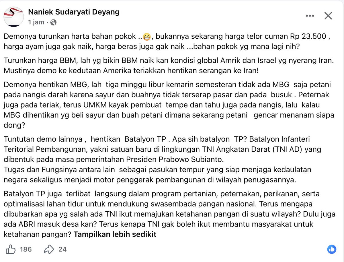 LambeSahamjja's tweet photo. respon nanik bgn soal demo bem ui:
- katanya tuntutan turunin harga pokok aneh 
- soalnya telor ayam beras katanya lagi gak naik
- soal bbm dia bilang penyebabnya perang amrik-israel vs iran 
- harusnya demo ke kedutaan amerika
- soal hentikan mbg dia gak setuju 
- karena pas libur mbg 3 minggu petani sayur buah 
- katanya rugi sampai busuk
- peternak dan umkm tempe tahu juga katanya ikut kena dampak
- soal bubarin batalyon tp 
- dia jelasin itu satuan tni ad era prabowo yang juga bantu pembangunan pertanian
- dia tanya kenapa tni gak boleh bantu ketahanan pangan padahal dulu ada abri masuk desa
