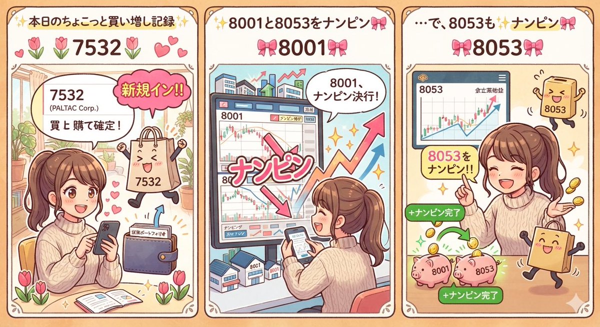 goodluck201611's tweet photo. 🌷本日のちょこっと買い増し記録🌷

✨7532を新規イン💕
✨8001と8053をナンピン🎀 https://t.co/8rXxIAbFzz