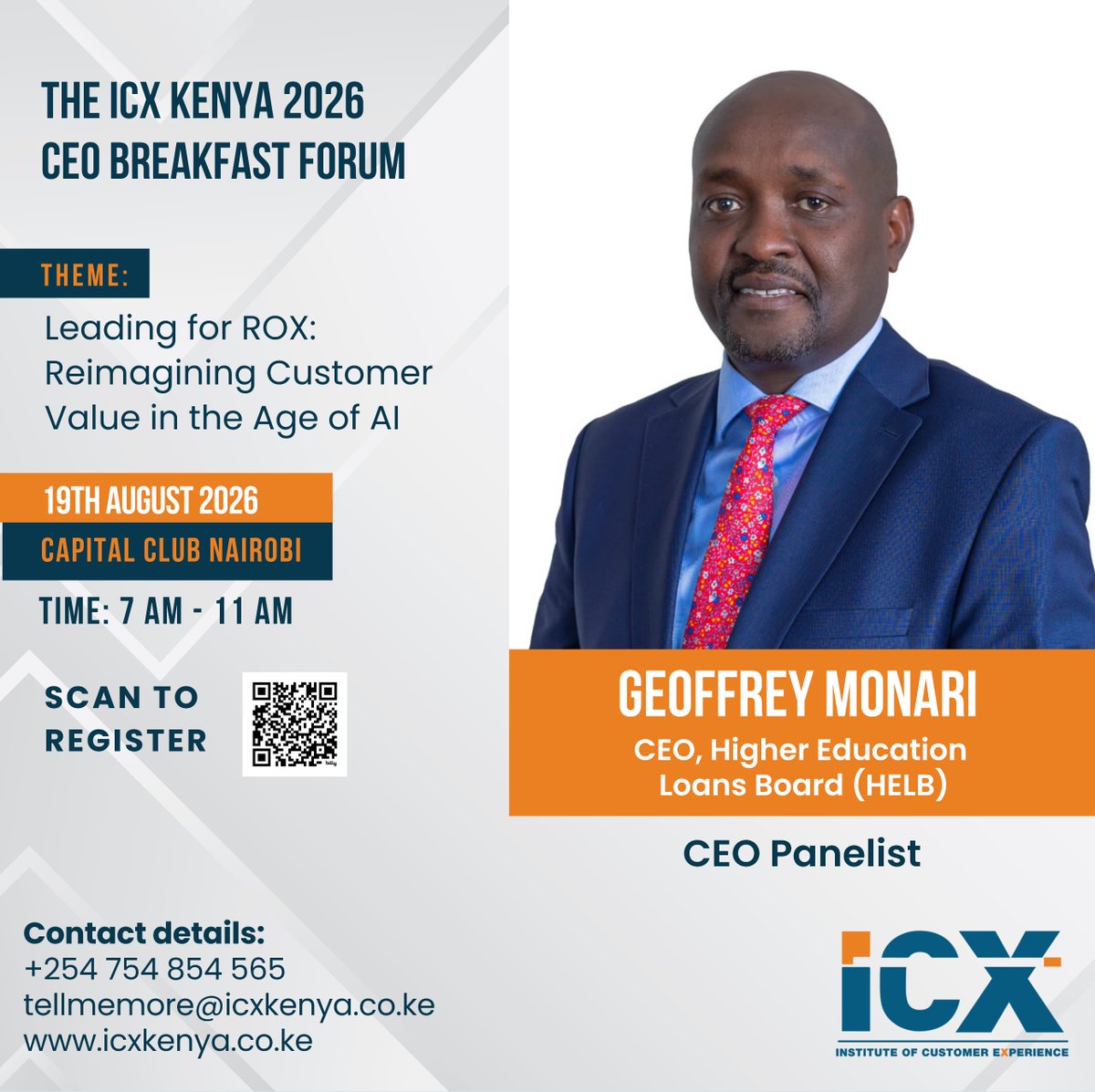 HELBpage's tweet photo. HELB at the ICX Kenya 2026 CEO Breakfast Forum

HELB CEO Geoffrey Monari joined industry leaders at the ICX Kenya 2026 CEO Breakfast Forum under the theme: 🎯 “Leading for ROX: Reimagining Customer Value in the Age of AI.”

The discussions explored Leveraging Technology to Serve Stakeholders Better, with a focus on how digital transformation can enhance customer experience while keeping people at the heart of service delivery.

CEO Geoffrey Monari emphasised that technology is an enabler, not an end in itself. At HELB, digitisation has made student financing simpler, faster, safer and more accessible, while ensuring that students can access support through multiple channels and still experience the human connection that builds trust.

As HELB advances its digital transformation agenda, our success factor remains clear: blend digitisation with humanisation.
From the first point of contact, HELB is committed to creating a student financing journey that is more accessible, responsive and supportive.

Digitise the journey. Humanise the experience. Build lasting trust.

#ICXKenya2026 #CustomerExperience #EmpoweringDreams