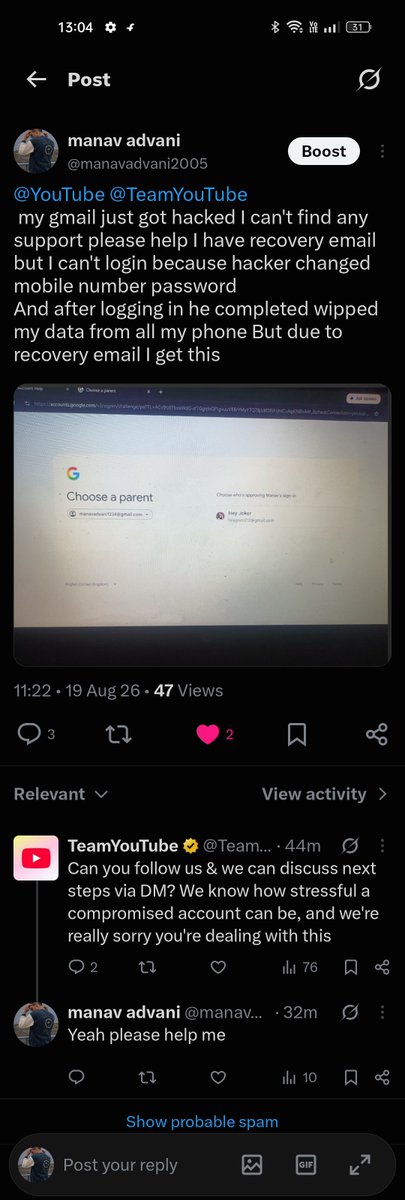 manavadvani2005's tweet photo. Hey youtube you didn't solve my problem I started following you but I can't DM you so please help (problem in earlier post)
@TeamYouTube I have also attached previous post in picture https://t.co/MD3fHJ8fmT