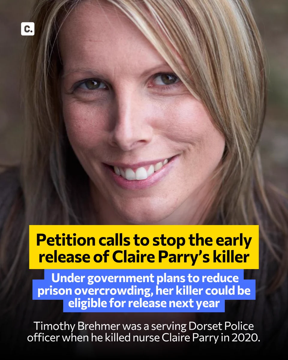 Close-up of a woman with text about a petition to stop early release.