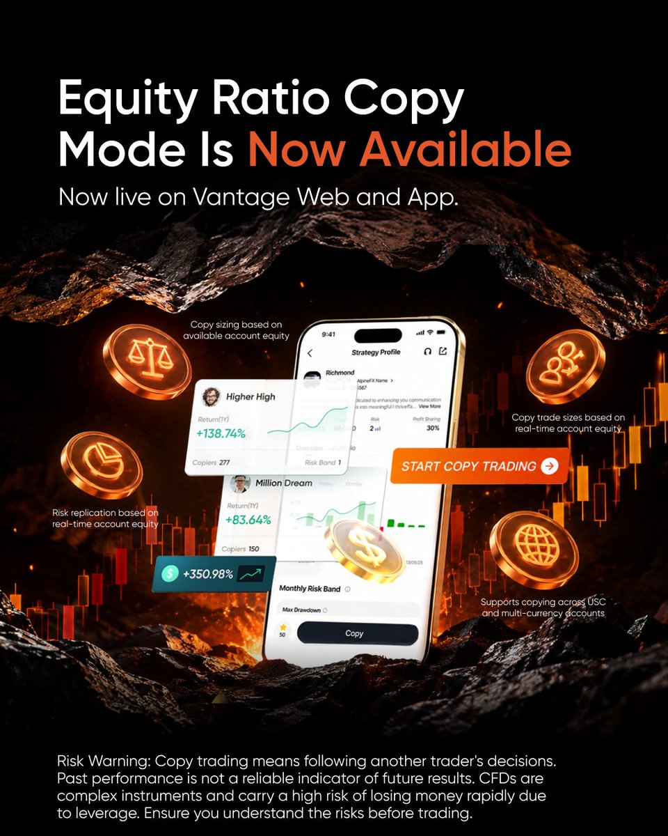 vantagemalaya's tweet photo. Equity Ratio Copy Mode is now live on Web & the latest Vantage App 🚀
✓ Real-time equity-based risk & copy sizing
✓ Uses available account equity
✓ Supports USC & multi-currency accounts
#CopyTrading #VantageApp #TradingTools https://t.co/8HJYGUVDic