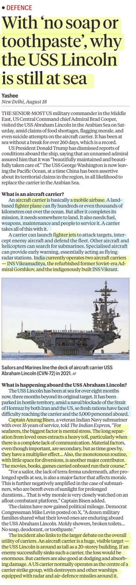 imRavikantYadav's tweet photo. #AircraftCarrier

With 'no soap or toothpastes why USSLincoln is still at sea

:An informative article by Ms Yashee
@yasheesingh 

#MobileAirbase #FighterJets
#USSLincoln
#IranWar #StraitOfHormuz
#India #INSVikramaditya #INSVikrant
#Seafarers #MentalStress

#UPSC

Source: IE https://t.co/1RTuvHuMjH