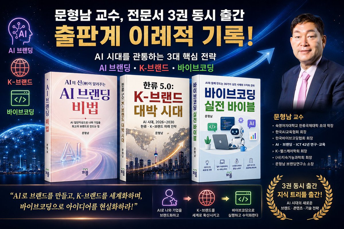 4irtop's tweet photo. 문형남 교수, 전문서 3권 동시 출간…출판계 이례적 기록: 

AI 브랜딩·한류 5.0·바이브코딩까지…

AI 시대 핵심 분야를 관통하는 ‘지식 트리플 출간’; 

AI 시대 실전 전략 제시

1. 『AI의 신(神)이 알려주는 AI 브랜딩 비법』 (274 p.)

​“이제 사람이 검색하기 전에 AI

https://t.co/hKCc6EFo1d https://t.co/jmh5cUHREs