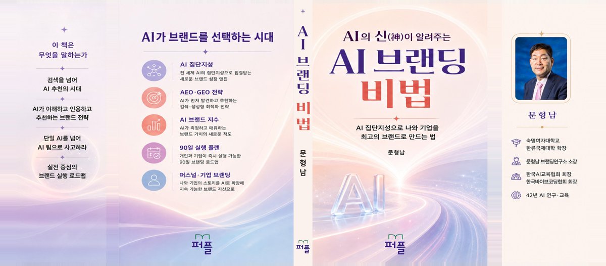 4irtop's tweet photo. 문형남 교수, 전문서 3권 동시 출간…출판계 이례적 기록: 

AI 브랜딩·한류 5.0·바이브코딩까지…

AI 시대 핵심 분야를 관통하는 ‘지식 트리플 출간’; 

AI 시대 실전 전략 제시

1. 『AI의 신(神)이 알려주는 AI 브랜딩 비법』 (274 p.)

​“이제 사람이 검색하기 전에 AI

https://t.co/hKCc6EFo1d https://t.co/jmh5cUHREs
