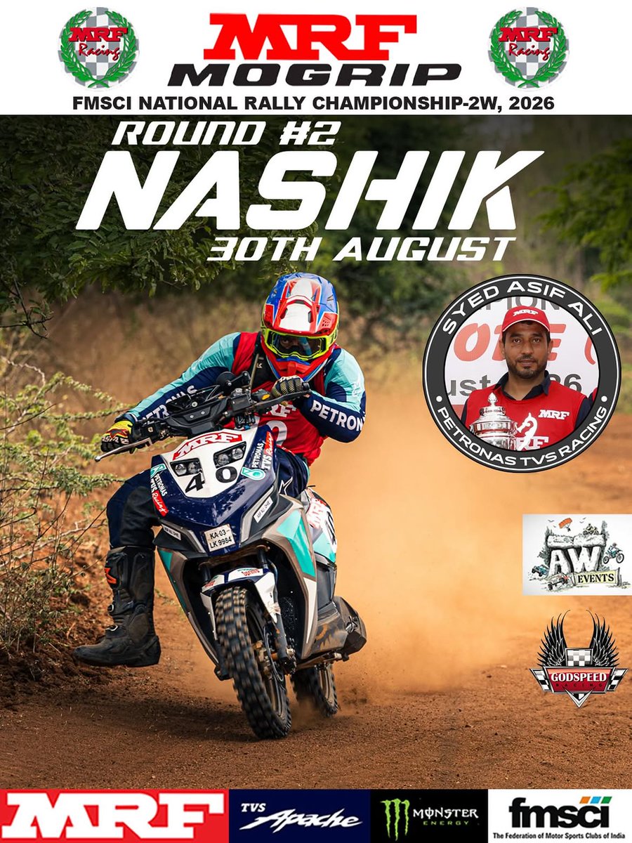 fmsci's tweet photo. π NASHIK, THE COUNTDOWN IS ON! π₯ποΈ
Round 2 of the MRF MOGRIP FMSCI National Rally Championship-2W 2026 is set to bring the heat on 30th August!
Get ready for dust, speed and full-throttle rally action. π¨π
#MRFMOGRIP #FMSCI #NashikRally #NationalRallyChampionship https://t.co/t1Zw6Re3sD