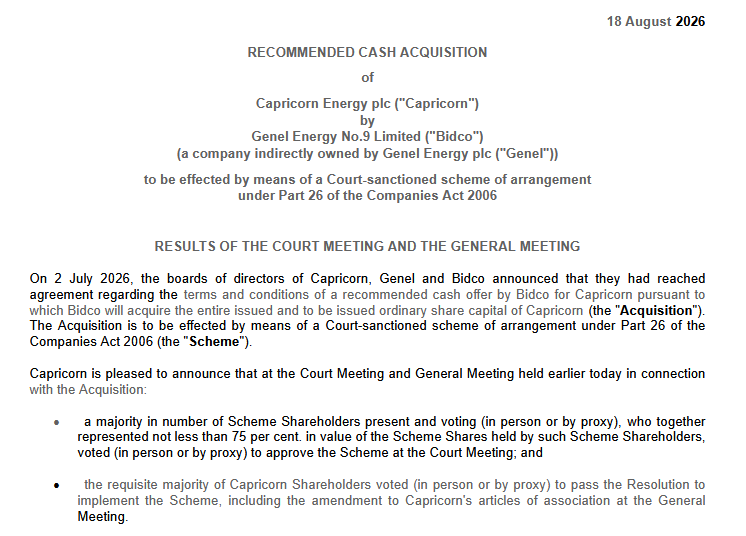 oilgastourist's tweet photo. These were the last obstacles to the acquisition of Capricorn by Genel.
Fun fact, Genel will pay for Capricorn more than its own Mcap and DNO's offer for the whole company.
Let's see what DNO's next steps are, either increase/double the offer or withdrawn.
#CNE #GENL $DNO $DNO.OL https://t.co/2efOtDY3je