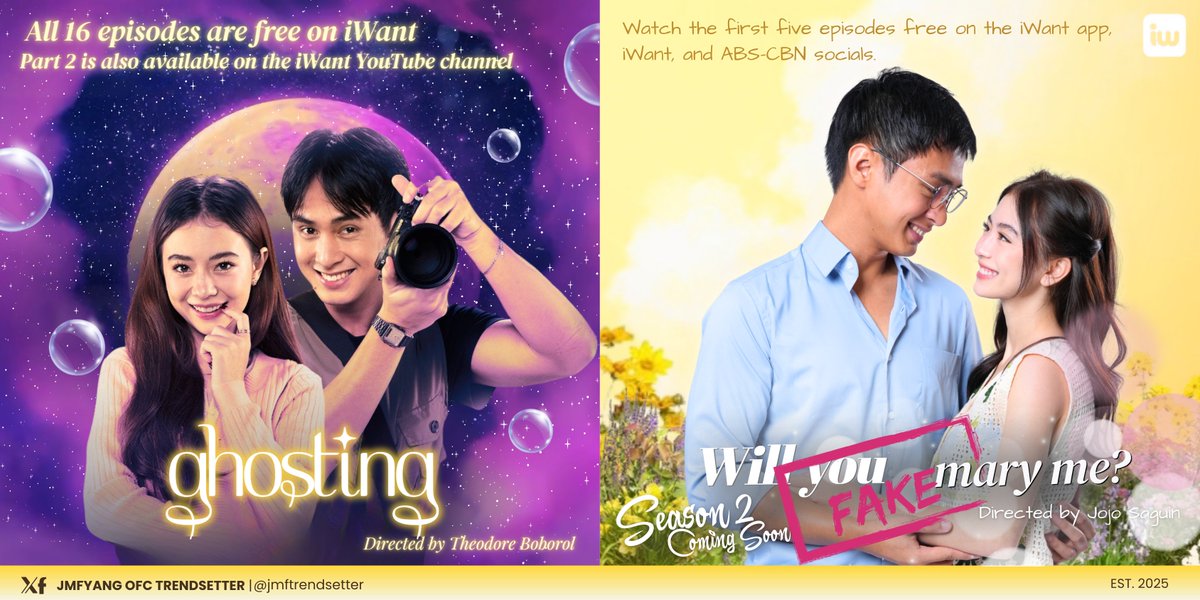 jmftrendsetter's tweet photo. Miss mo na #JMFyang? Binge watch tayo para mabawasan ang pagkamiss. Ano, tara?!

𝐆𝐇𝐎𝐒𝐓𝐈𝐍𝐆
-All 16 episodes are free on iWant app
-Part 2 is also available on the iWant YouTube channel

𝐖𝐈𝐋𝐋 𝐘𝐎𝐔 𝐅𝐀𝐊𝐄 𝐌𝐀𝐑𝐑𝐘 𝐌𝐄?
-Watch the first five episodes free on the iWant app, iWant, and ABS-CBN socials.

#Ghosting 
#WillYouFakeMarryMe