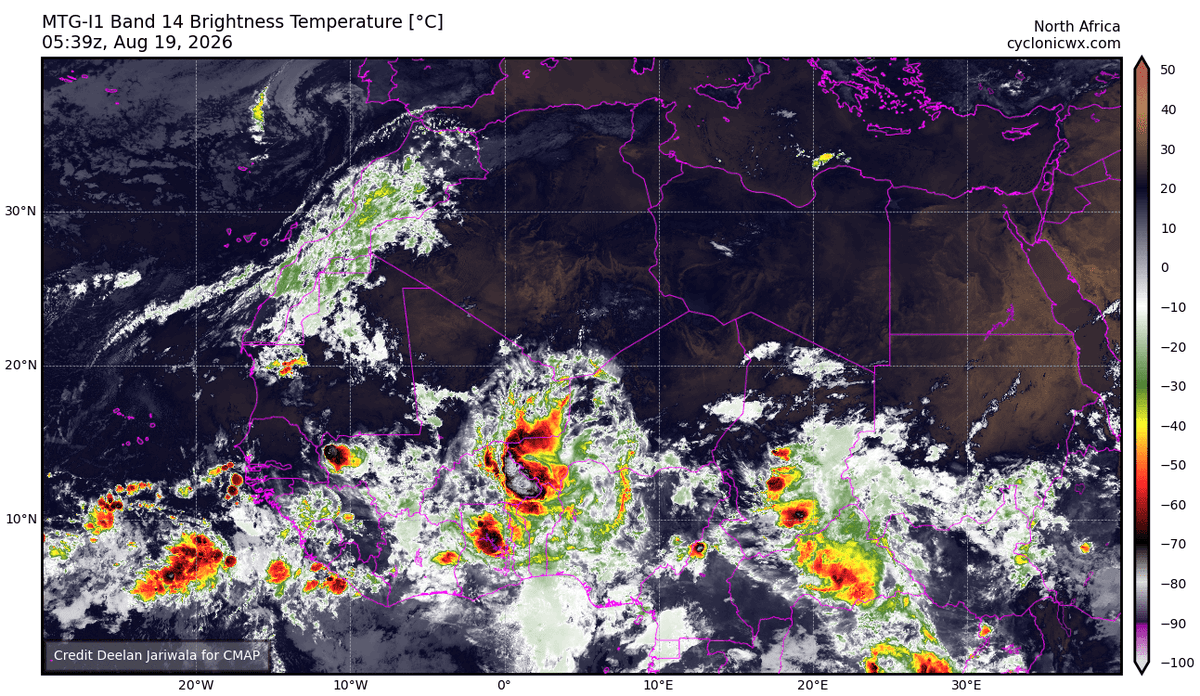 WxProbe's tweet photo. Tropical Update – Atlantic
Wednesday, August 19, 2026 

A robust tropical wave is expected to exit the West African coast around August 24.  This currently represents the strongest and most consistent multi-model development signal of the 2026 #hurricane season thus far.

Near-Term Development Potential 

It is worth noting that the GFS (and its AI-version) initially develops the currently strongest-looking wave over Africa.  However, that earlier system is shown to dissipate before becoming a tropical cyclone.  The more persistent feature — and the one supported by the broader multi-model ensemble signal — is a trailing wave expected to emerge off the African coastline around August 24.  

Multiple independent modeling systems are in good agreement on this later wave generating a closed low shortly after moving into the eastern Atlantic. 

The deterministic guidance (GFS, EC-AIFS, GEM, and ICON) all show a well-defined surface low by August 26.  Ensemble models (ECENS, ECAIE, FNV3, GENC) also display a dense cluster of members developing the system within my own preferred verification window (deterministic ≤ 192 hours, ensembles ≤ 288 hours).  

Based solely on the current multi-model guidance, the probability of this system ultimately reaching tropical storm status is estimated at approximately 55%.   

Track Evolution

Although it remains fairly early for such discussion, I’ll simply mention that the guidance currently favors a track that begins more westward as the system passes the Cape Verde Islands, followed by a gradual rightward bend (west-northwest to northwest, and eventually more northward). This solution would keep the majority of ensemble members well north of the Lesser Antilles.  

This type of track is fairly typical during strong El Niño seasons. The combination of stronger upper-level westerlies and a generally weaker subtropical ridge tends to encourage systems to gain latitude sooner.  As a result, deep tropical tracks that threaten the Caribbean islands or the U.S. mainland become much less common, albeit not impossible.  

That said, it is still way too early to be discussing such specifics, as the synoptic environment can change on much smaller time scales (even in a matter of a few days).  

Longer-Term Intensity Potential

While the large-scale environment remains challenging in the deep tropics (persistent shear and dry air associated with the strong El Niño), conditions become more favorable once the system reaches the subtropics.  Any realistic opportunity for higher intensity, including the potential for hurricane strength, is most likely to occur once the system is north of 20°N and west of 50°W.  In that region, vertical wind shear is typically lower and the anomalously warm western subtropical Atlantic waters can provide a better thermodynamic environment for intensification.

Right now, this is simply something to monitor as the potential signal moves farther up in time.  The main takeaway is that we are rapidly nearing the August 20–September 15 climatological peak, and the guidance is beginning to pick up on heightened developmental prospects.
