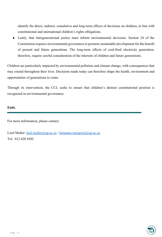UPChildLaw's tweet photo. Today, the CCL will appear before the Supreme Court of Appeal as amicus curiae (friend of the court) in the appeal concerning the Minister of Mineral Resources and Energy’s decision to procure 1 500 MW of additional coal-fired energy.

Read the full statement below: https://t.co/7v0bNP0XJi