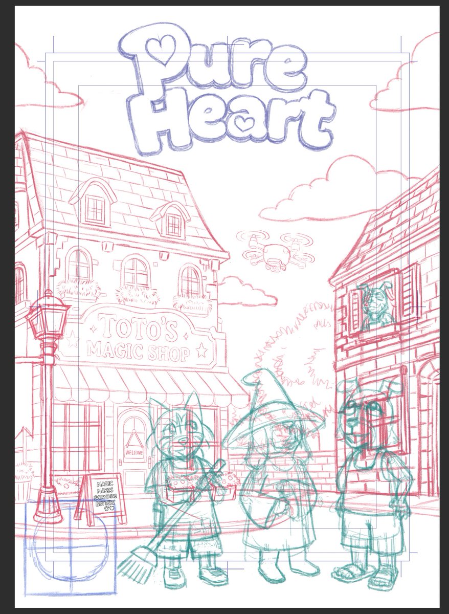 orkeyart's tweet photo. First look at the new cover for 'Pure Heart' — rough layout in Clip Studio Paint. Toto's Magic Shop, the three main characters, the drone overhead. The world is taking shape one sketch at a time.
#PureHeart #BlackyComic #WIP https://t.co/ppoNl3P94y