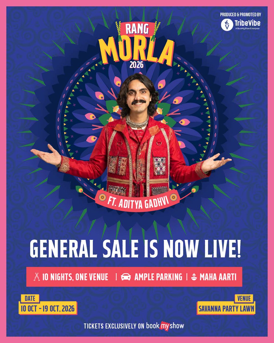 TribeVibeLive's tweet photo. RANG MORLA 2026 IS CALLING! 🥁🔥

10 nights. 1 venue. And Ahmedabad’s favourite Navratri energy with Aditya Gadhvi. 

General Sale is NOW LIVE! 🎟️

📅 10th–19th October 2026
📍 Savanna Party Lawn, Ahmedabad
🎟️ Tickets Exclusively on BookMyShow 

Book Now - https://t.co/9BGeRBflCd 

#RangMorla2026 #AdityaGadhvi #Navratri2026 #Ahmedabad