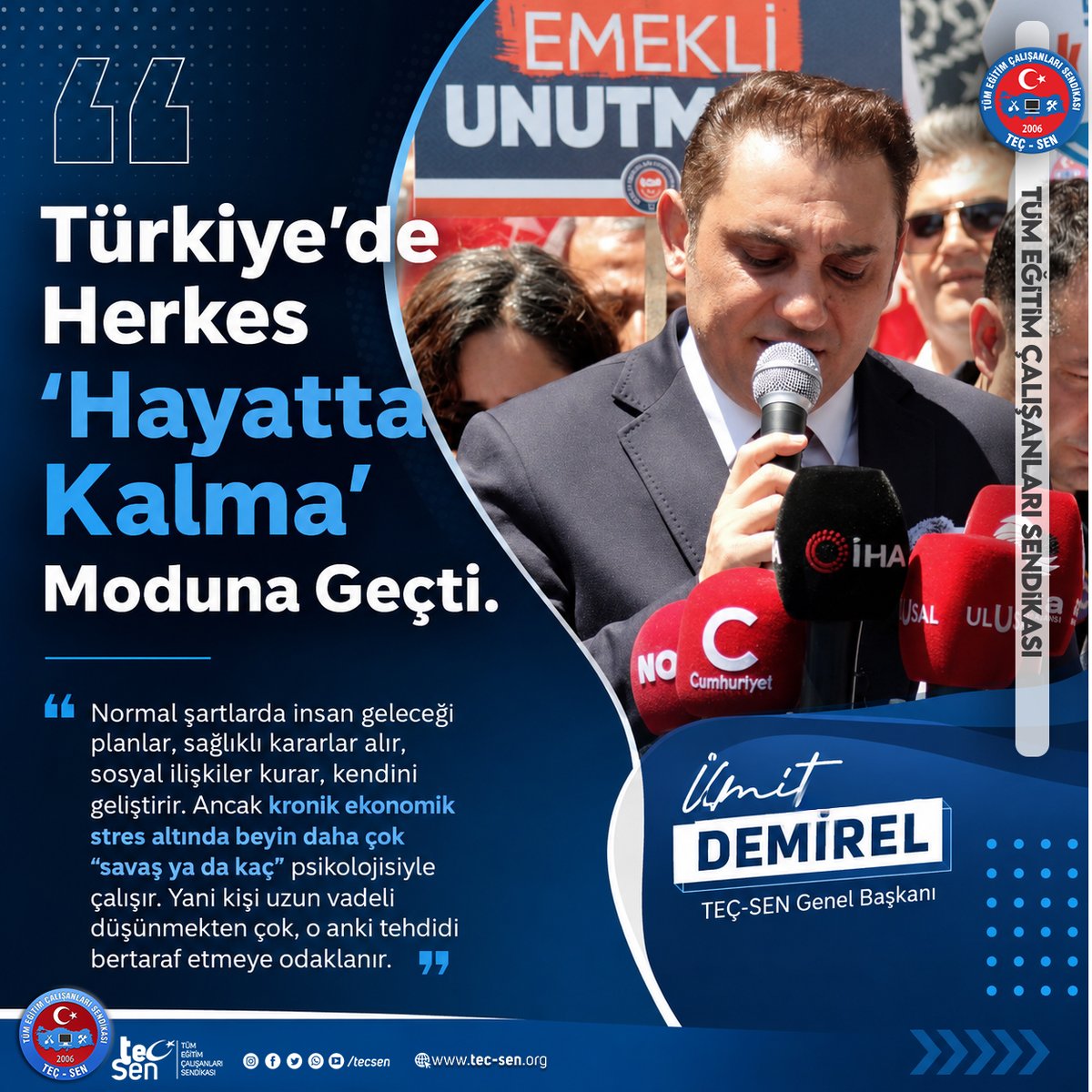 tecsen's tweet photo. Ümit DEMİREL: “Türkiye’de herkes ‘hayatta kalma modu’na geçti. İnsanlar  sürekli “savaş ya da kaç” modunda çalışamaz, plan yapamaz, sosyalleşemez ve sürekli yorgundur.”

Türkiye’de bugün milyonlarca insanın yaşadığı şey sadece ekonomik sıkıntı değildir; bu aynı zamanda derin bir psikolojik ve toplumsal tükenmişlik hâlidir. Ben buna açıkça “hayatta kalma modu” diyorum.

Hayatta kalma modu; yüksek enflasyon, geçim sıkıntısı, kira baskısı, faturalar, borçlar, işsizlik korkusu ve gelecek kaygısı gibi kronik stres faktörleri nedeniyle insanın artık bireysel gelişimi, sosyal hayatı, uzun vadeli planları ve hayallerini bir kenara bırakıp yalnızca ay sonunu getirmeye, mutfağını döndürmeye ve temel ihtiyaçlarını karşılamaya odaklanmasıdır.

Bugün insanlar tatil planı yapmıyor; elektrik faturasını düşünüyor.
Birikim hayali kurmuyor; kredi kartının asgarisini nasıl ödeyeceğini hesaplıyor.

Çocuğunun geleceği için yatırım yapamıyor; beslenme çantasını nasıl dolduracağını düşünüyor.

Kendi gelişimine, sosyal hayatına, kültürel faaliyetlere zaman ve bütçe ayıramıyor; çünkü bütün zihinsel enerjisi hayatta kalmaya harcanıyor.

“Hayatta Kalma Modu Sadece Cüzdanı Değil, Zihni de Çökertir”
Bu durumun ekonomik olduğu kadar psikolojik bir karşılığı da var. 

İnsan sürekli belirsizlik içinde yaşadığında, beyin normal karar alma düzeninden çıkar. Sürekli “ne olacak?”, “nasıl ödeyeceğim?”, “bu ayı nasıl çıkaracağım?” sorularıyla yaşamak insanı bir alarm hâline sokar.

Normal şartlarda insan geleceği planlar, sağlıklı kararlar alır, sosyal ilişkiler kurar, kendini geliştirir. Ancak kronik ekonomik stres altında beyin daha çok “savaş ya da kaç” psikolojisiyle çalışır. Yani kişi uzun vadeli düşünmekten çok, o anki tehdidi bertaraf etmeye odaklanır.

Bu yüzden bugün birçok insanın yaşadığı dağınıklık, yorgunluk, isteksizlik, unutkanlık, içine kapanma veya erteleme hâli basitçe “tembellik” değildir. Bunların önemli bir kısmı, ağır ekonomik baskı altında gelişen birer savunma mekanizmasıdır.

İnsan sürekli geçim derdiyle boğuşurken üretkenliğini, neşesini, sosyal enerjisini ve geleceğe dair motivasyonunu kaybedebilir. Çünkü zihin artık büyümeye, gelişmeye, hayal kurmaya değil; yalnızca ayakta kalmaya programlanmıştır.

“Gelecek Planı Yapamamak Bir Tercih Değil, Ekonomik Sonuçtur”
Bugün gençler evlilik planı yapamıyorsa, bu hayal kurmak istemediklerinden değildir.Aileler tatile gidemiyorsa, bu dinlenmeye ihtiyaç duymadıklarından değildir.

İnsanlar dostlarıyla buluşamıyor, kültürel etkinliklere katılamıyor, kendine zaman ayıramıyorsa, bu sosyal hayatı önemsemediklerinden değildir. Sebep çok açıktır: Gelirler hayatın gerçek maliyetleri karşısında erimiştir.

Gelecek planı yapmak için önce bugünü güvenceye almak gerekir. Eğer bir insan ay sonunu getiremiyorsa, kira ve fatura arasında sıkışmışsa, market alışverişinde temel gıdayı bile hesaplayarak alıyorsa, ondan uzun vadeli plan yapmasını beklemek gerçekçi değildir.

İnsanın hayal kurabilmesi için önce nefes alabilmesi gerekir.
“Sosyal İzolasyon ve Tükenmişlik Yaygınlaşıyor”
Ekonomik kriz insanları sadece yoksullaştırmıyor, aynı zamanda yalnızlaştırıyor. Çünkü sosyal hayat artık birçok kişi için maliyetli bir alana dönüştü.

Bir arkadaşla kahve içmek, ailecek dışarı çıkmak, bir sinemaya gitmek, çocukları bir etkinliğe götürmek, hatta şehir içinde ulaşım sağlamak bile ciddi bir harcama kalemi hâline geldi. Bu nedenle insanlar sosyal ilişkilerini azaltıyor, evine kapanıyor, daha az görüşüyor, daha az paylaşıyor.

Bu da zamanla yalnızlık, tükenmişlik ve umutsuzluk duygusunu büyütüyor.

Toplumun geniş kesimleri sürekli yorgun, gergin ve kaygılı hâle geliyor. Sokakta, iş yerinde, trafikte, okulda, evde bu gerginliği görmek mümkün. Çünkü ekonomik kriz, sadece rakamlarda değil; insanların yüzünde, ses tonunda, sabrında ve tahammül gücünde de kendini gösteriyor.

“Tembellik Sanılan Şey Çoğu Zaman Tükenmişliktir”
Burada özellikle altını çizmek isterim: Bugün birçok insana “tembel”, “isteksiz”, “plansız”, “çabasız” deniliyor. Oysa mesele çoğu zaman kişisel zayıflık değil, uzun süreli stresin insan üzerinde yarattığı yıpranmadır.

Sürekli ekonomik baskı altında yaşayan bir insan; sabahları yorgun uyanabilir, karar almakta zorlanabilir, işlerini erteleyebilir, sosyal ilişkilerden uzaklaşabilir, küçük sorunlara büyük tepkiler verebilir, hayal kurmakta ve hedef belirlemekte zorlanabilir, kendini değersiz ve çaresiz hissedebilir.

Bunlar tembellik değil; çoğu zaman insanın kendini korumaya çalışmasının sonucudur. Zihin ve beden, uzun süreli baskı altında enerjiyi kısmaya başlar. İnsan farkında olmadan sadece en zorunlu işleri yapacak kadar güç ayırır.

Bu nedenle ekonomik krizleri yalnızca enflasyon, faiz, kur veya bütçe rakamları üzerinden okumak eksik kalır. Krizin bir de insan ruhunda açtığı derin yara vardır.

“Millet Artık Yaşamıyor, Ayakta Kalmaya Çalışıyor”

Bugün Türkiye’de milyonlarca insan yaşam planı yapmıyor; hayatta kalma hesabı yapıyor. Bu çok ağır bir tablodur.

Bir toplumun sağlıklı olabilmesi için insanların sadece karnının doyması yetmez. İnsanların güven duyması, gelecek kurabilmesi, sosyalleşebilmesi, dinlenebilmesi, çocuğuna iyi bir hayat sunabileceğine inanması gerekir.

Eğer insanlar yalnızca kira, fatura, mutfak ve borç arasında sıkışmışsa; eğer gençler hayal kuramıyor, aileler nefes alamıyor, çalışanlar emeğinin karşılığını alamıyor, emekliler insanca yaşayamıyorsa; orada mesele sadece ekonomi değil, doğrudan insan onuru meselesidir.

“Hayatta kalma modu bir milletin kaderi olamaz.”

İnsan sadece çalışmak, fatura ödemek ve ay sonunu getirmek için yaşamaz. İnsan umut etmek, üretmek, sevmek, dinlenmek, gelişmek ve geleceğe güvenle bakmak için yaşar.

Bugün yapılması gereken, insanları hayatta kalma moduna mahkûm eden ekonomik düzeni değiştirmek; emeği, adaleti, güveni ve insanca yaşamı merkeze alan bir anlayışı hâkim kılmaktır.

Ümit DEMİREL
TEÇ-SEN GENEL BAŞKANI