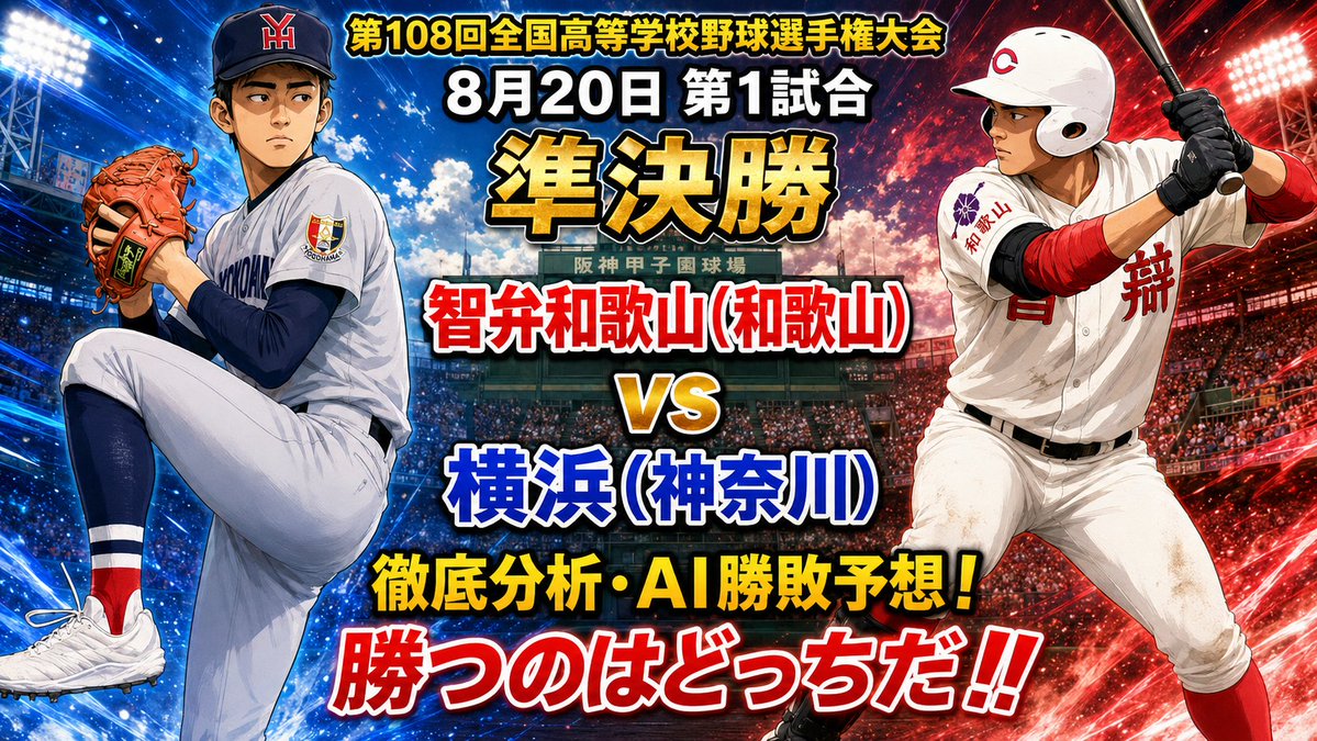 kunip39's tweet photo. 第108回全国高校野球選手権大会 準決勝：8月20日第1試合、智弁和歌山 対 横浜 の戦力総合分析並びに勝敗予想をおこないました。
🚩予想の動画はこちら▶ https://t.co/apdmTuQgpK
① 結論
まず結論です。
今回の準決勝、総合力では智弁和歌山が横浜をわずかに上回ると見ます。

横浜には、最速157キロを誇る絶対的エース・織田翔希という大きな武器があります。個の投手としての支配力では、間違いなく横浜が上です。

しかし智弁和歌山は、和気匠太を中心に複数の投手を計画的に起用できる投手層、そして準々決勝で18安打11得点を記録した強力打線を持っています。

特に重要なのがコンディションです。

横浜の織田は花巻東戦で123球を投げ切り、準決勝は中1日。一方、智弁和歌山は投手陣を分散して起用しており、チーム全体の余力では大きな差があります。

エースの絶対感なら横浜。投手層、打線の爆発力、コンディションを含めた総合力では智弁和歌山。

これが今回の結論です。

② 勝敗予想

勝敗予想は、智弁和歌山がやや優勢です。

最大のポイントは、やはり横浜のエース・織田翔希の疲労です。

準々決勝では花巻東を相手に123球、7安打、10奪三振で完封。しかも終盤まで156キロを連発する圧巻のピッチングでした。

ただし、その激投から中1日で迎える準決勝。同じ出力を9イニング維持できるかは大きな不確定要素です。

対する智弁和歌山は、仙台育英戦で18安打11得点。さらに和歌山大会では150キロ前後の本格派投手を攻略してきた経験があります。

織田の球威が少しでも落ちてくれば、智弁和歌山打線が一気に捉える可能性があります。

そのため今回は、智弁和歌山が僅差ながら一歩リードと予想します。

③ 両校の地方大会準々決勝からの勝ち上り

続いて、両校の勝ち上がりです。

今回の報告書では、地方大会の準々決勝、準決勝、決勝について、すべての対戦スコアまでは掲載されていません。

ただ、智弁和歌山は和歌山大会で、市和歌山の最速151キロ右腕・丹羽涼介、さらに耐久の最速148キロ右腕・野崎健友といった本格派投手を攻略して甲子園への切符をつかんでいます。

そして甲子園では、社に2対1、敦賀気比には延長11回タイブレークの末7対3、準々決勝では仙台育英を11対3で撃破。3戦全勝、20得点7失点です。

一方の横浜は、甲子園で沖縄尚学に7対2、日南学園に10対1、霞ヶ浦に5対2。そして準々決勝では花巻東を6対0で完封しました。

こちらは4戦全勝、28得点5失点。

横浜は安定した投手力と守備で勝ち上がり、智弁和歌山は試合を重ねるごとに打線の破壊力を高めてきました。

まさに、守りの横浜と、攻めの智弁和歌山という対照的な勝ち上がりです。

④ 数値で見る戦力比較

ここからは、数字で両校を比較してみます。

甲子園で横浜は4試合を戦って、28得点5失点。1試合平均にすると、得点は7点、失点はわずか1.25��です。

智弁和歌山は3試合で、20得点7失点。1試合平均では約6.7得点、約2.3失点となります。

大会成績だけを見ると、得失点ともに横浜の安定感が際立っています。

戦力評価では、エースの絶対感は横浜が「S」、智弁和歌山が「A」。

しかし投手層と登板余力では、横浜の「B＋」に対して智弁和歌山は「S」。

打線の爆発力も、横浜の「A＋」に対し、智弁和歌山は「S」と評価されています。

一方、守備力では横浜が「S」、智弁和歌山が「A＋」。

つまり数字を見ると、守備と絶対的エースでは横浜、投手層と打線の爆発力では智弁和歌山という構図がはっきりしています。

⑤ 投手力

投手���です。

横浜の中心は、もちろんエース・織田翔希。

最速157キロ。今大会では156キロを計測し、大会通算防御率0.73、33奪三振。準々決勝の花巻東戦では123球を投げ、7安打10奪三振で完封しました。

単独の投手としての能力なら、今回の両校で最も大きな存在です。

ただし問題は登板間隔。

準決勝は中1日となるため、横浜には2年生左腕・小林鉄三郎を先発させ、勝負どころから織田を投入する選択肢もあります。

対する智弁和歌山は、1人のエースではなく投手陣全体で勝つチームです。

和気匠太は社戦で6回2安打無失点。仙台育英戦でも5回1失点で、その後を長井心海、朝来友翔、三嶋健太らにつなぎました。

さらに久葉亮太という強力なリリーフも控えています。

最高到達点なら横浜。9イニングを通した投手運用なら智弁和歌山。

ここが投手力比較の最大のポイントです。

⑥ 打撃力

打撃力では、智弁和歌山を上に取ります。

その理由を象徴しているのが、準々決勝の仙台育英戦です。

智弁和歌山は強豪・仙台育英を相手に18安打11得点。特に2番・荒井優聖が4打席連続安打を含む4安打2打点と完全復調しました。

1番・長友、2番・荒井、3番・井本、4番・山田、5番・楠本、6番・松本と続き、下位打線まで長打を狙える厚みがあります。

さらに和歌山大会では150キロ前後の速球投手を攻略しており、織田の速球に対する準備もあります。

一方、横浜も決して打力で劣るチームではありません。

小野、小林大雅、池田、川上を中心に、左打者を多く並べた切れ目のない打線を形成。甲子園4試合で28得点を挙げています。

安定感なら横浜も十分。

しかし、一気に試合を壊す爆発力では智弁和歌山が一枚上と評価します。

⑦ 両校の勝ち筋

では、両校の勝ち筋です。

まず横浜。

最大の条件は、序盤3イニングを無失点で乗り切ることです。

小林鉄三郎を先発させるにしても、織田が先発するにしても、智弁和歌山の強力な上位打線に先制点を与えないことが重要です。

そして中盤以降、勝負どころで織田を投入。奪三振でピンチを断ち切り、江坂をはじめとする鉄壁の守備で1点差を守り抜く。

横浜にとっては、��ースコアの接戦に持ち込むことが理想の形です。

一方、智弁和歌山の勝ち筋は明確です。

序盤から150キロ台のストレートを積極的に狙い、横浜投手陣に球数を投げさせること。

そして試合中盤から終盤、織田の球威が落ちるタイミングを逃さず、山田、楠本、松本ら中軸で一気に畳み掛ける。

投げては和気から久葉、長井らへつなぎ、横浜打線に同じ投手を何度も見せない。

横浜は守って接戦。智弁和歌山は攻め続けて継投で逃げ切る。

この2つの勝ち筋がぶつかります。

⑧ 最終予想

それでは最終予想です。

智弁和歌山 6対4 横浜。

智弁和歌山の勝利を予想します。

最大の理由は、横浜のエース・織田翔希が準々決勝で123球を投げた直後、中1日で準決勝を迎えること。

そして智弁和歌山には、その織田を攻略できるだけの速球対応力と、直前の試合で18安打を記録した打線の勢いがあります。

さらに投手陣では、和気を中心に久葉、長井ら複数の投手が比較的フレッシュな状態で待機しています。

もちろん、織田が準々決勝と同じ圧倒的な投球を再現すれば、横浜がロースコアで勝ち切る可能性は十分あります。

しかし9イニングを通した総合力とコンディションまで考えると、今回は智弁和歌山がわずかに上。

昨春のセンバツ決勝では横浜が11対4で勝利しました。

その再戦となる夏の甲子園準決勝。

最終予想は、智弁和歌山6対4横浜。
智弁和歌山が昨��の雪辱を果たし、決勝進出すると予想します。

#高校野球 #横浜高校 #智辯和歌山 #智弁和歌山 #神奈川県高校野球 #和歌山県高校野球 #甲子園