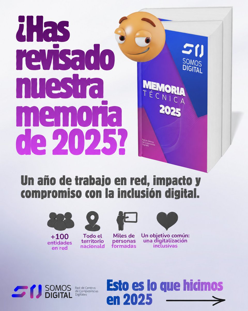 SomosDigital_'s tweet photo. 📘 ¿Has revisado ya nuestra Memoria 2025?
19 redes, 2.373 centros, 1.981 localidades y 541.809 personas participantes. Un año de proyectos, alianzas e inclusión digital.
👉 Descúbrela aquí: https://t.co/5l1hh84rDQ https://t.co/Z4QnfdHSJy