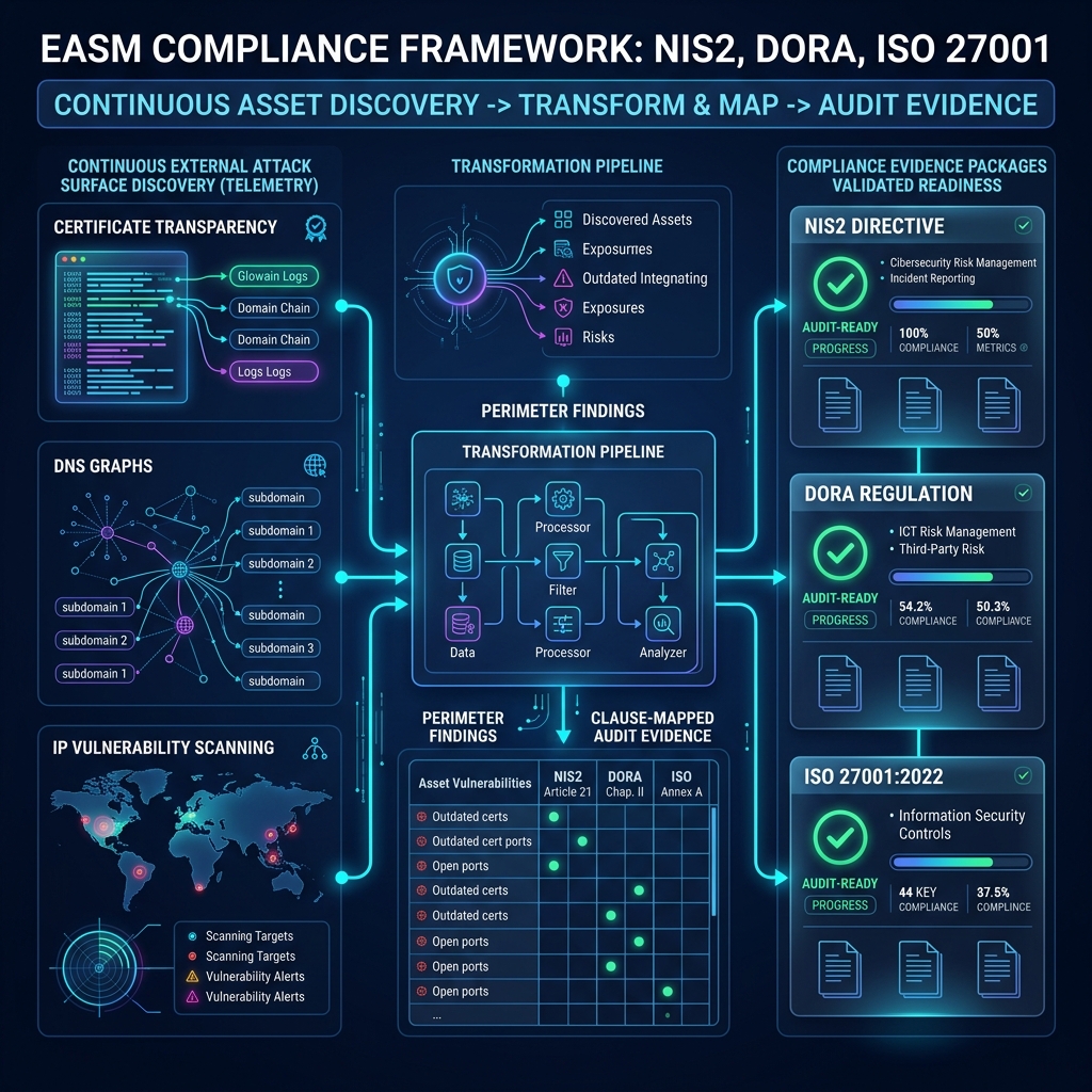entryscope's tweet photo. "Show me your external perimeter." - every NIS2/DORA/ISO 27001 auditor, eventually.

A snapshot from last quarter won't cut it anymore.

We mapped EASM evidence to the exact clauses (NIS2 21(2), DORA Art. 8, ISO A.8.8, A.5.9…) 👇

https://t.co/QNrnAPEMyp https://t.co/EAhqIHxl15