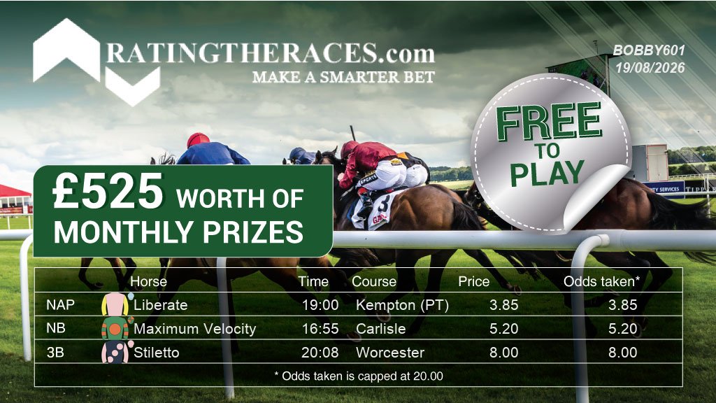 bobby60000's tweet photo. My #RTRNaps are:

Liberate @ 19:00
Maximum Velocity @ 16:55
Stiletto @ 20:08

Sponsored by @RatingTheRaces

Free to play. Daily Prizes. Enter at @RatingTheRaces. https://t.co/U80fkc8ans