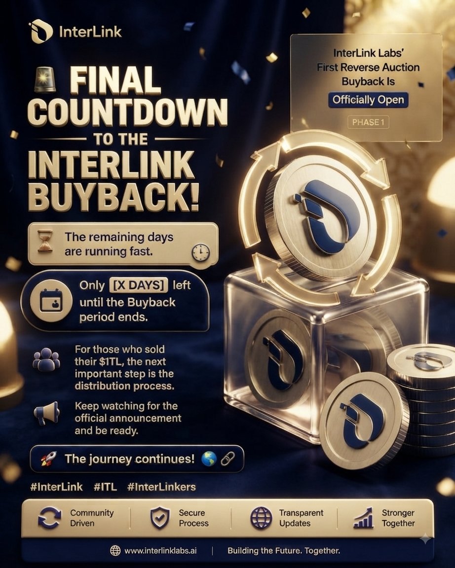 VaasuKadiri94's tweet photo. FINAL COUNTDOWN TO THE INTERLINK BUYBACK!
โThe clock is ticking down fast. For those who participated and sold their $ITL, the next milestone is the distribution process! ๐
โโ๏ธ Community Driven
โ๏ธ Secure Process
โ#InterLink #ITL #InterLinkers #Web3 #Crypto #Blockchain https://t.co/e8ikwizIvG