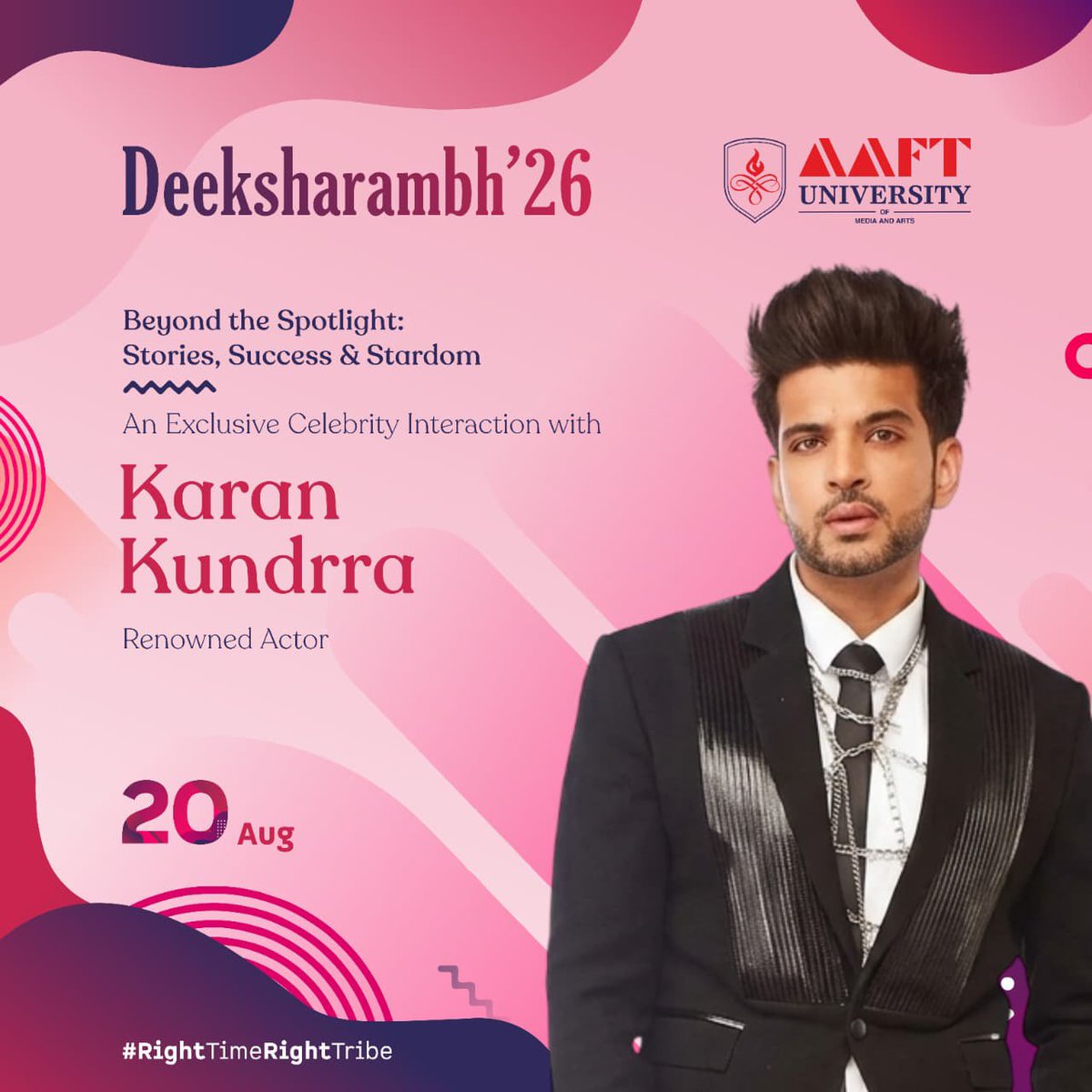 IamTeamKKundrra's tweet photo. RAIPUR, GET READY🥳

King K #KaranKundrra is heading to AAFT Raipur for Deeksharambh '26!

🗓️ 20th Aug
📍 AAFT Raipur

Catch @kkundrra live on "Beyond the Spotlight" event, shower your love &amp; support, have a nice interaction ❤️🤗

Link:
https://t.co/aDuqibTngX https://t.co/bAdAHO44VL