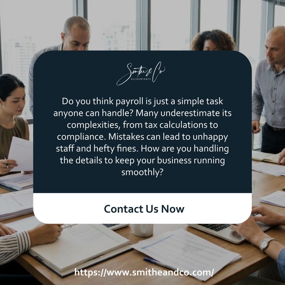 Smitheandco's tweet photo. Think payroll is simple? It's complex, involving tax calculations and compliance. At Smithe &amp; Co, we ensure accuracy and ease, letting you focus on growing your business!
👉🏻 Visit https://t.co/SjFtRuIv0I for more. https://t.co/exvJKfkUtX