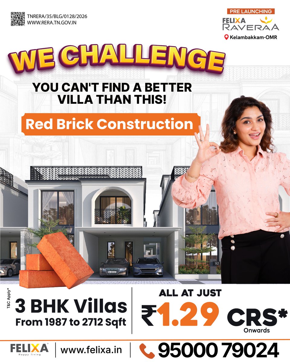 FelixaBuilder's tweet photo. We challenge you to find a better villa! 🏡✨

Built with red brick construction, Felixa Raveraa brings you spacious 3 BHK villas designed for lasting strength, comfort and elevated living. 
Book your site visit today and discover your dream villa! 📞 95000 79024 https://t.co/SvC1kI7ppj