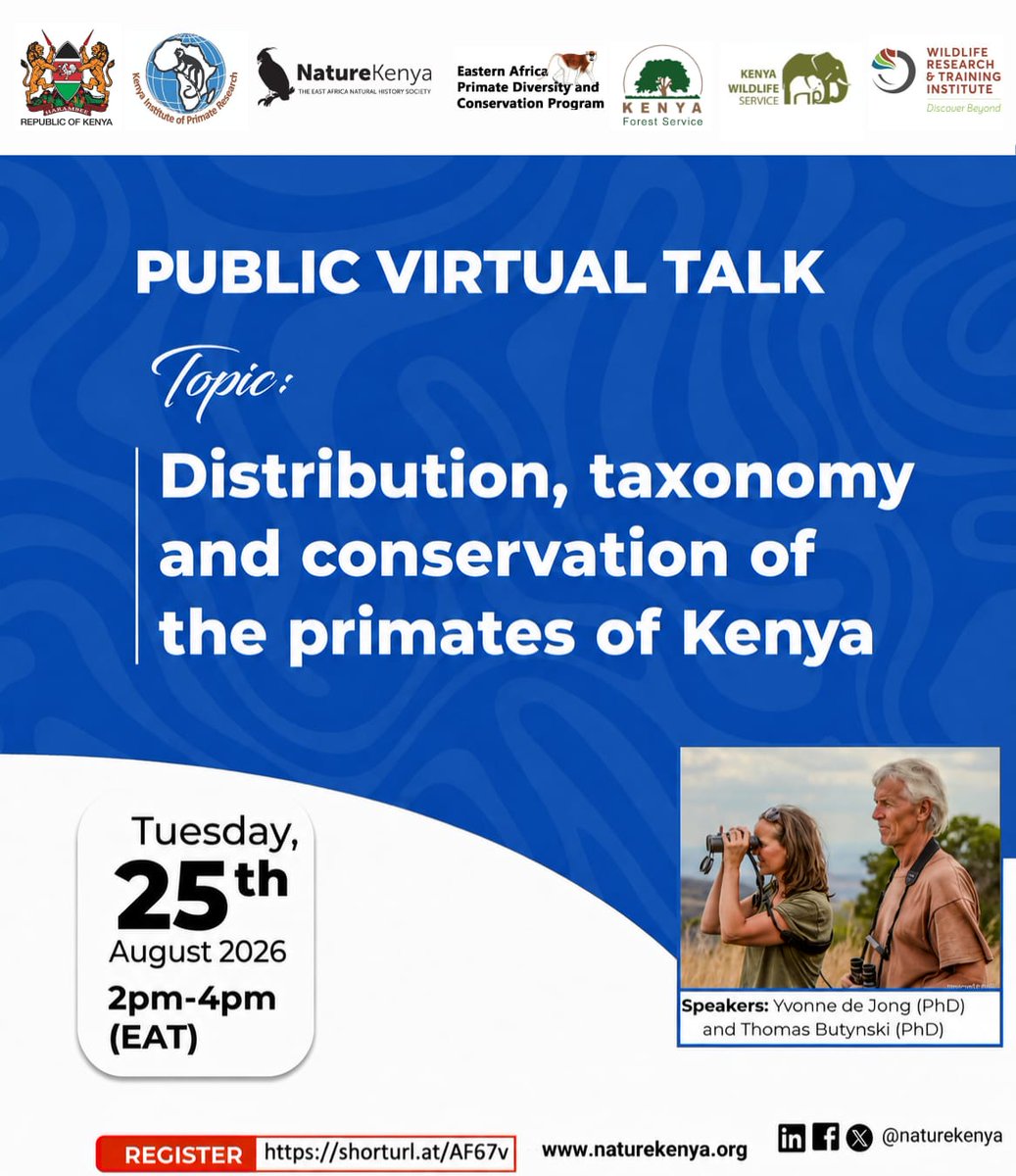 primateresearch's tweet photo. Notice!  
Let's join experts in Primatology Dr. de Jong and Dr. Butynski as they give insights on "Distribution, taxonomy and conservation of the primates of Kenya"  

To join, click the link: https://t.co/7kDMU0O70g 
Don't miss out! Mark your 📆 https://t.co/LcEtYgoaTM