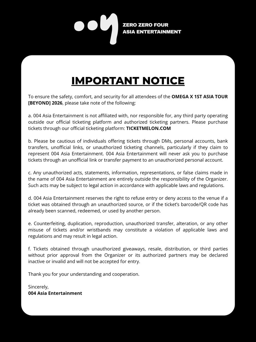 004asia's tweet photo. [IMPORTANT NOTICE]

Official notice for 2026 OMEGA X 1st ASIA TOUR - BANGKOK, JAKARTA, MANILA.

#OMEGA_X #BEYOND
#OMEGA_X_BEYOND #004AsiaEntertainment #BRINGINGASIACLOSER https://t.co/WE2hSsRXN5