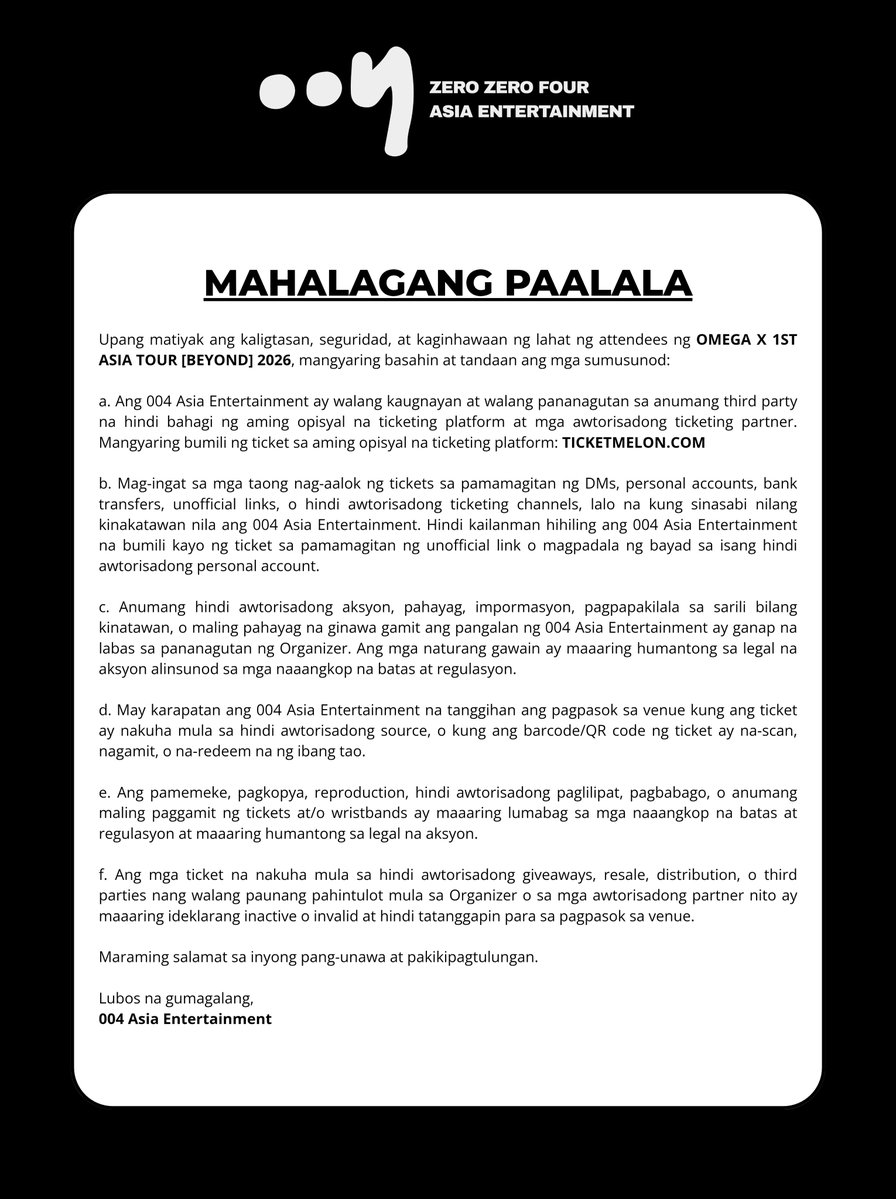 004asia's tweet photo. [IMPORTANT NOTICE]

Official notice for 2026 OMEGA X 1st ASIA TOUR - BANGKOK, JAKARTA, MANILA.

#OMEGA_X #BEYOND
#OMEGA_X_BEYOND #004AsiaEntertainment #BRINGINGASIACLOSER https://t.co/WE2hSsRXN5