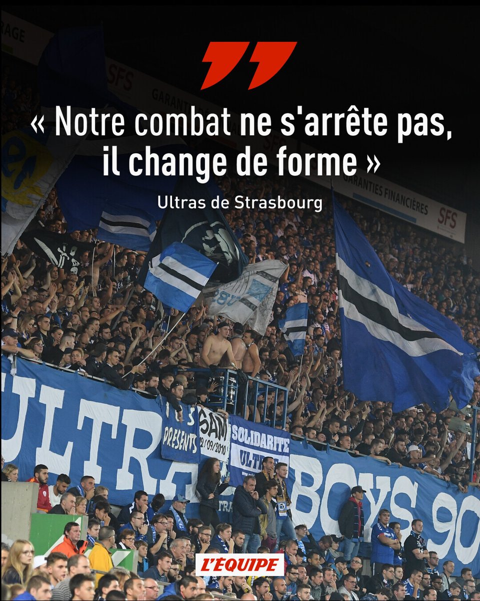 lequipe's tweet photo. Après deux années de silence pendant un quart d'heure lors des matches de Strasbourg, les UB 90, groupe d'ultras du RCSA, ont choisi de suspendre ce moyen de contestation➡️ https://t.co/csXUxhWNYf https://t.co/TKutuergWN