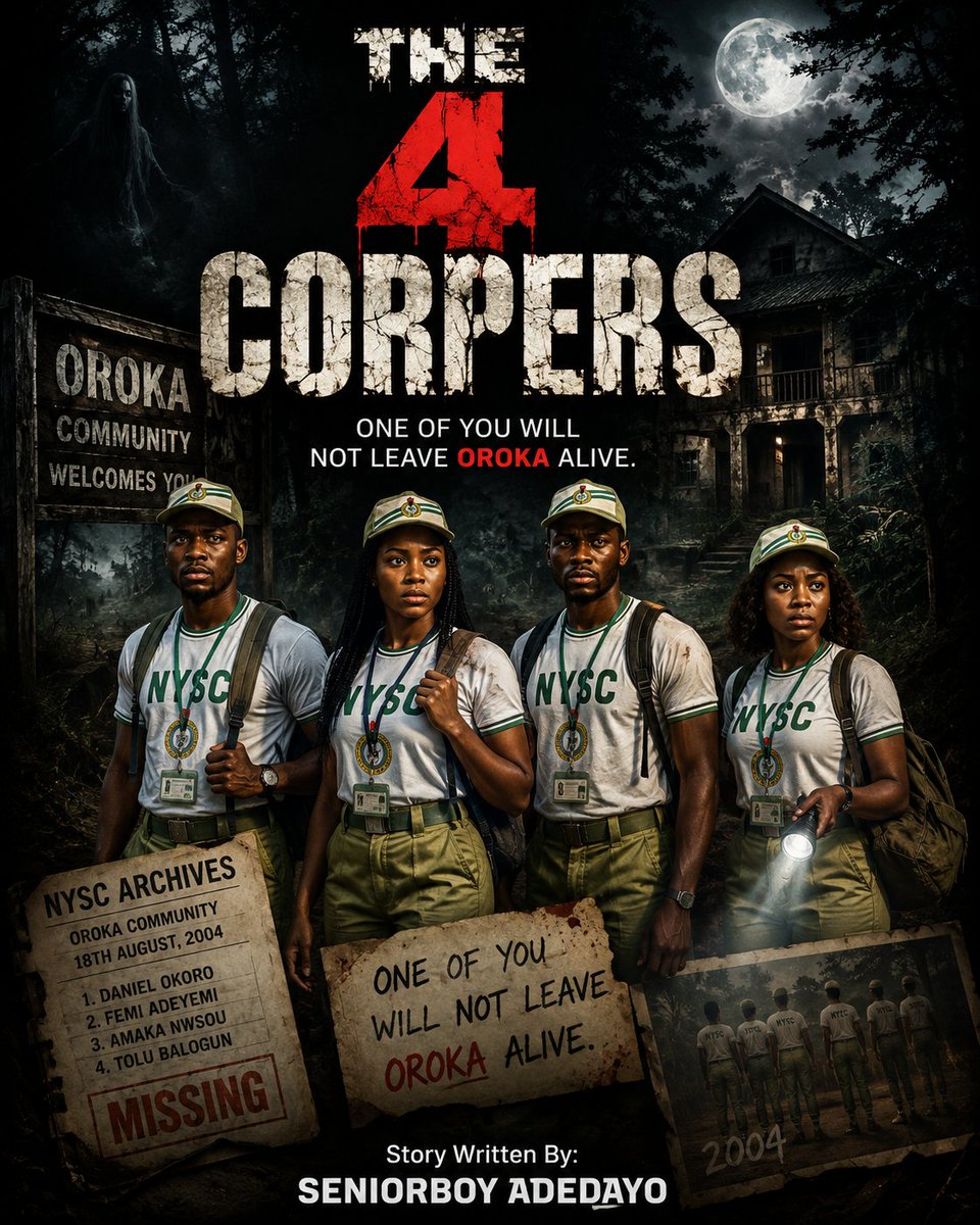 seniorboyade's tweet photo. THE 4 CORPERS IS OUT NOW!

The rain had started before they arrived. It was one of those heavy August rains that turned every red earth road into a muddy path and made the trees bend violently beneath the force of the wind. The bus moved slowly through the darkness. Its headlights were the only things cutting through the thick curtain of rain...Read more on Storipod.

Available on @storipodApp only.

➝ Storipod: https://t.co/pr416Q4pDj

#THE4CORPERS #T4C #PART1 #OUTNOW