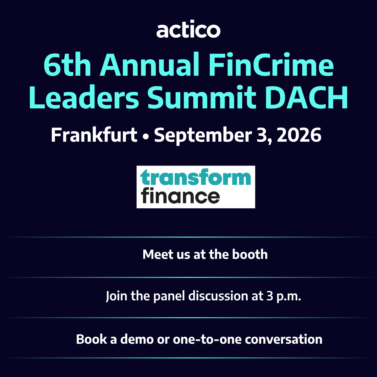 ACTICO_de's tweet photo. Nicht verpassen: FinCrime Leaders Summit, Frankfurt, 03.09.2026.
🕐 9:00 - 17:30 Uhr: Treffen Sie uns am ACTICO-Stand, erfahren Sie mehr über KI-Agenten in Compliance
🕐 15:00 Uhr: ACTICO CEO Hans Jürgen Rieder in der Podiumsdiskussion “Human + AI.”

https://t.co/kJIUbgshJe https://t.co/7ecgPI9IqC
